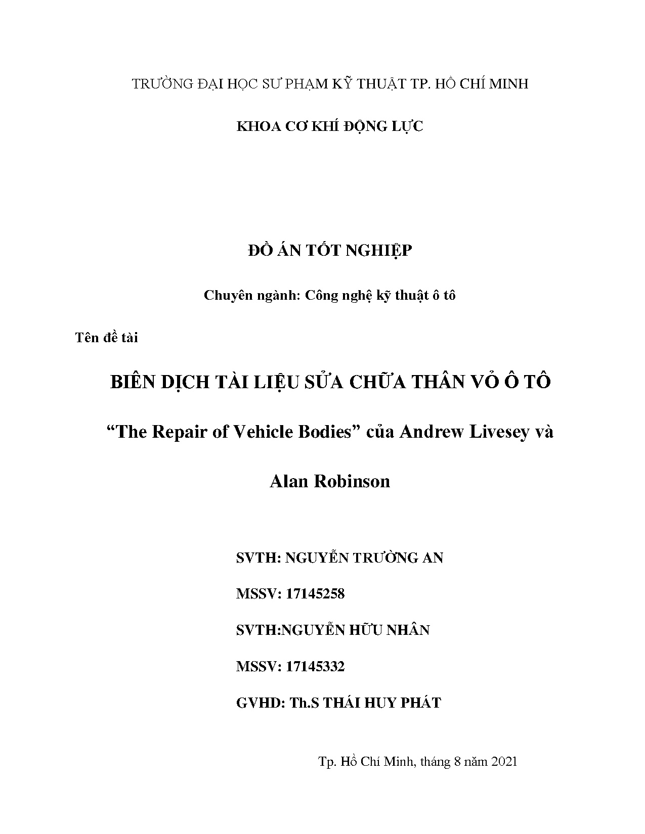 Đồ án tốt nghiệp - Biên dịch tài liệu sửa chữa thân vỏ ô tô The Repair of Vehicle Bodies của ALVAR
