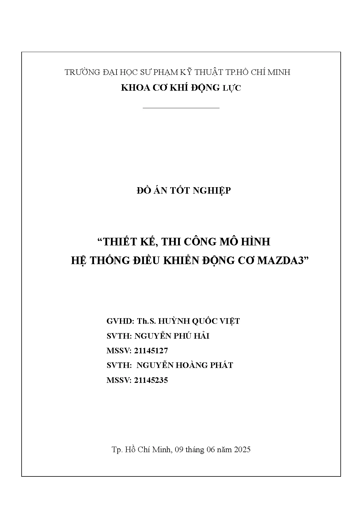Đồ án tốt nghiệp - Thiết kế, thi công mô hình hệ thống điều khiển động cơ mazda3
