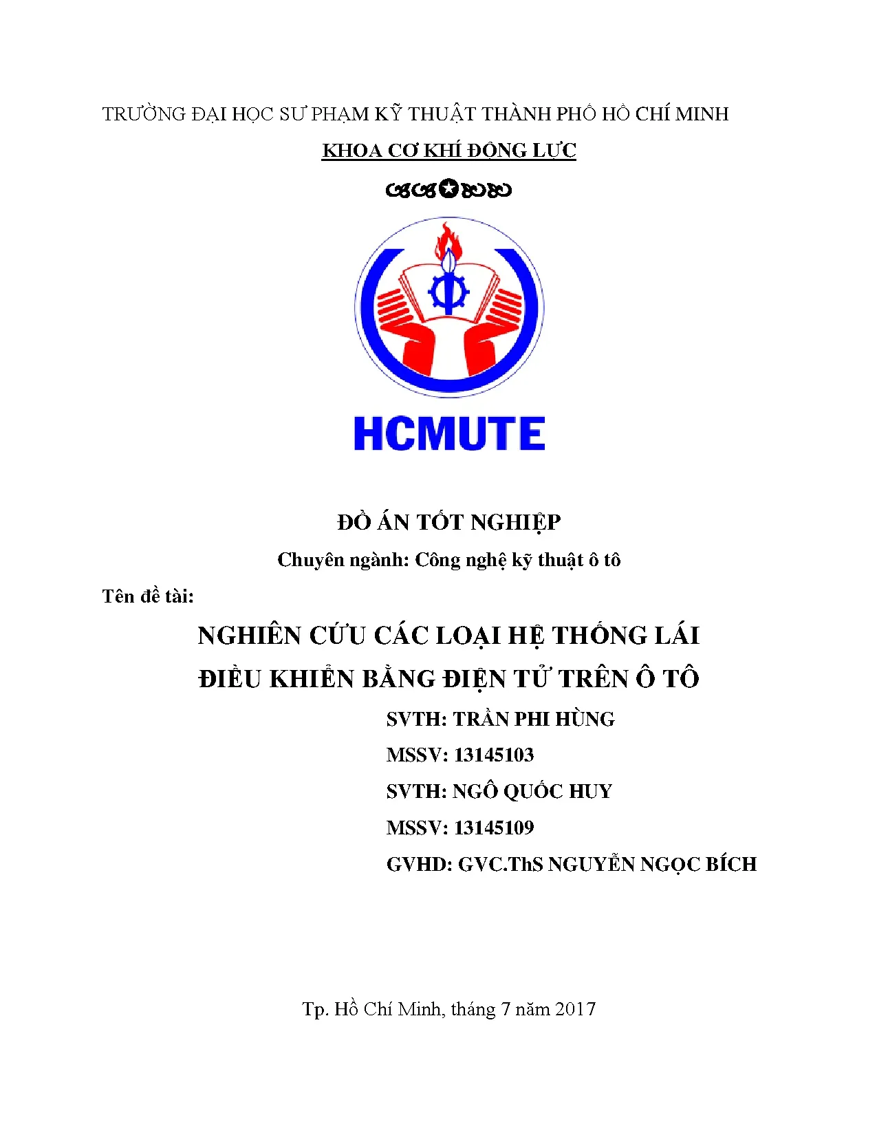 Đồ án tốt nghiệp - Nghiên cứu các loại hệ thống lái điều khiển bằng điện tử trên ô tô: Đồ ÁTNNCNKTÔT