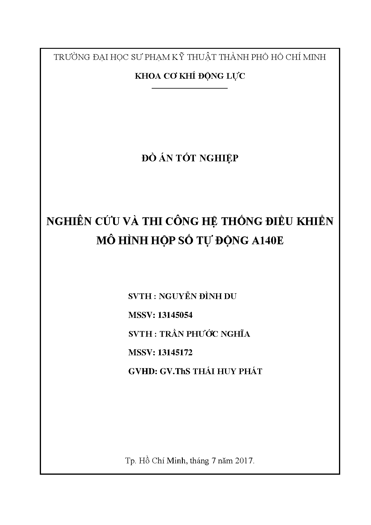 Đồ án tốt nghiệp - Nghiên cứu và thi công hệ thống điều khiển mô hình hộp số tự động AĐÁTNNCNKTÔT