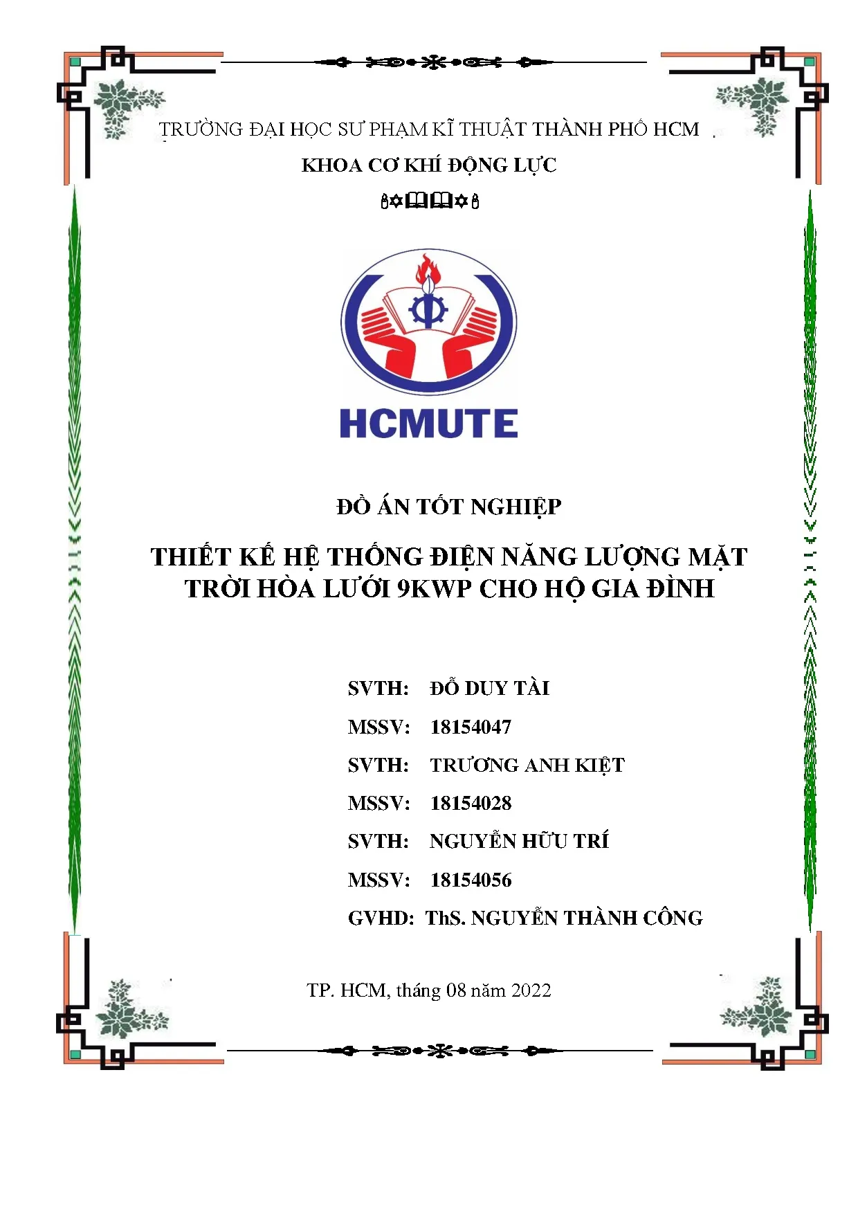 Đồ án tốt nghiệp - Thiết kế hệ thống điện năng lượng mặt trời hòa lưới 9KWP cho hộ gia đình