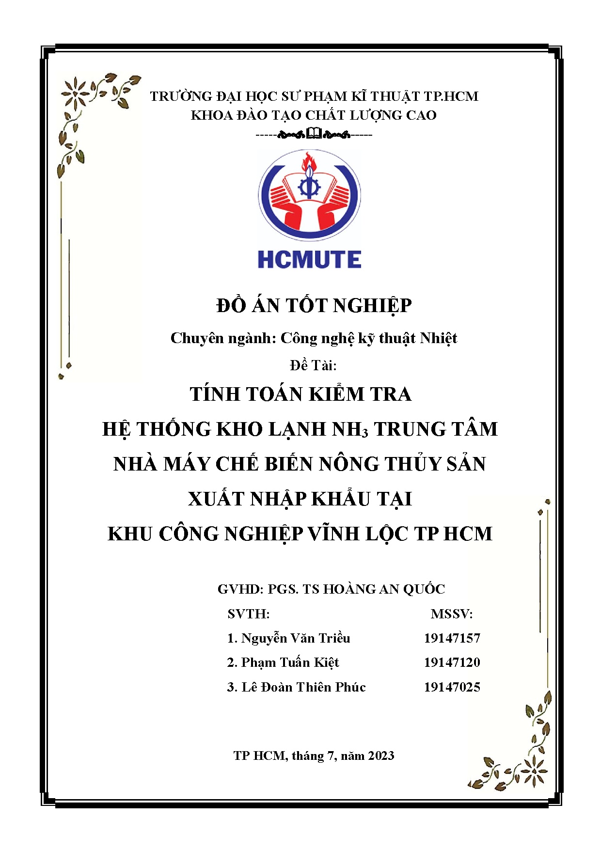 Đồ án tốt nghiệp - Tính toán kiểm tra hệ thống kho lạnh NH3 Trung tâm nhà máy chế BNTSXNKTKCNVLTH