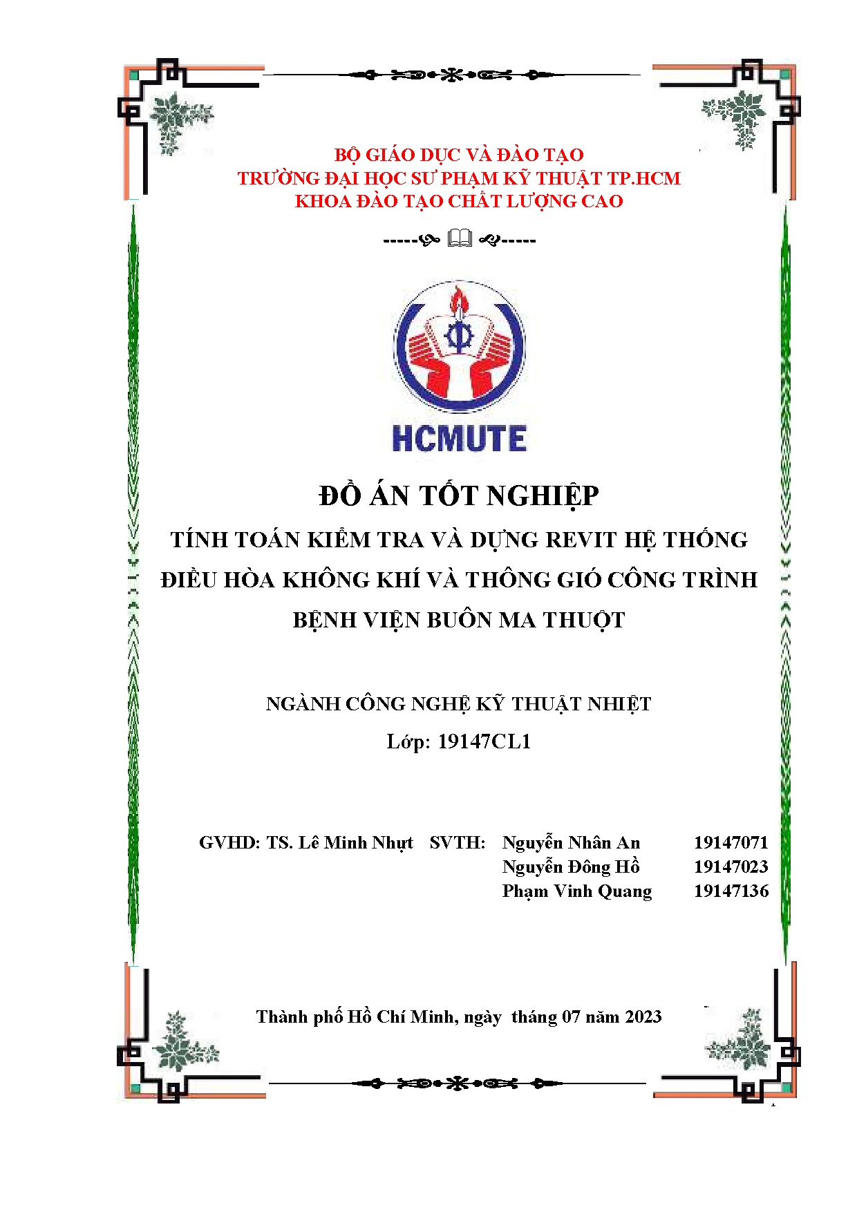 Đồ án tốt nghiệp - Tính toán kiểm tra và dựng Revit hệ thống điều hòa không khí và thông gió CTBVBMT