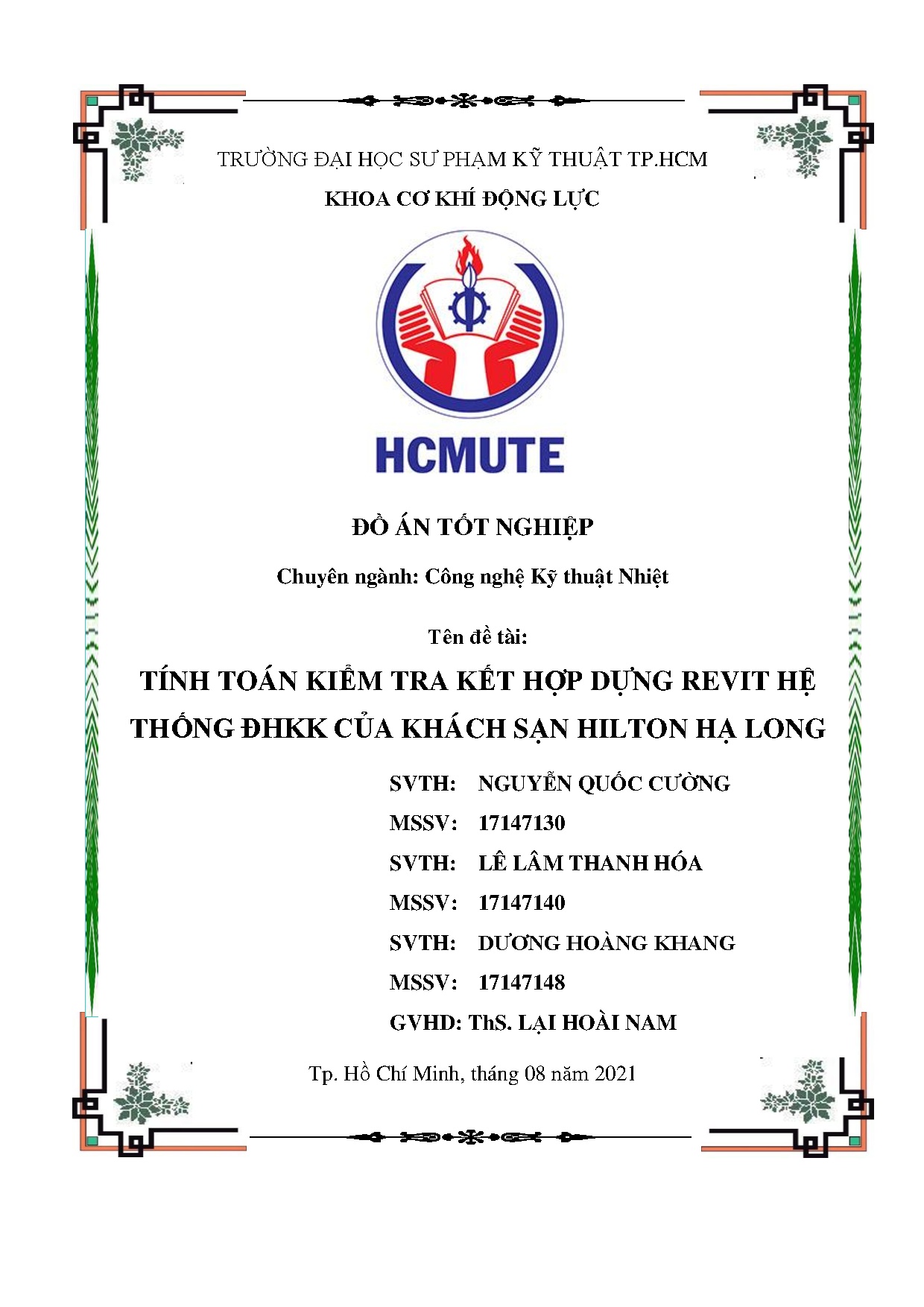 Đồ án tốt nghiệp - Tính toán kiểm tra kết hợp dựng revit hệ thống ĐHKK của khách sạn Hilton Hạ Long