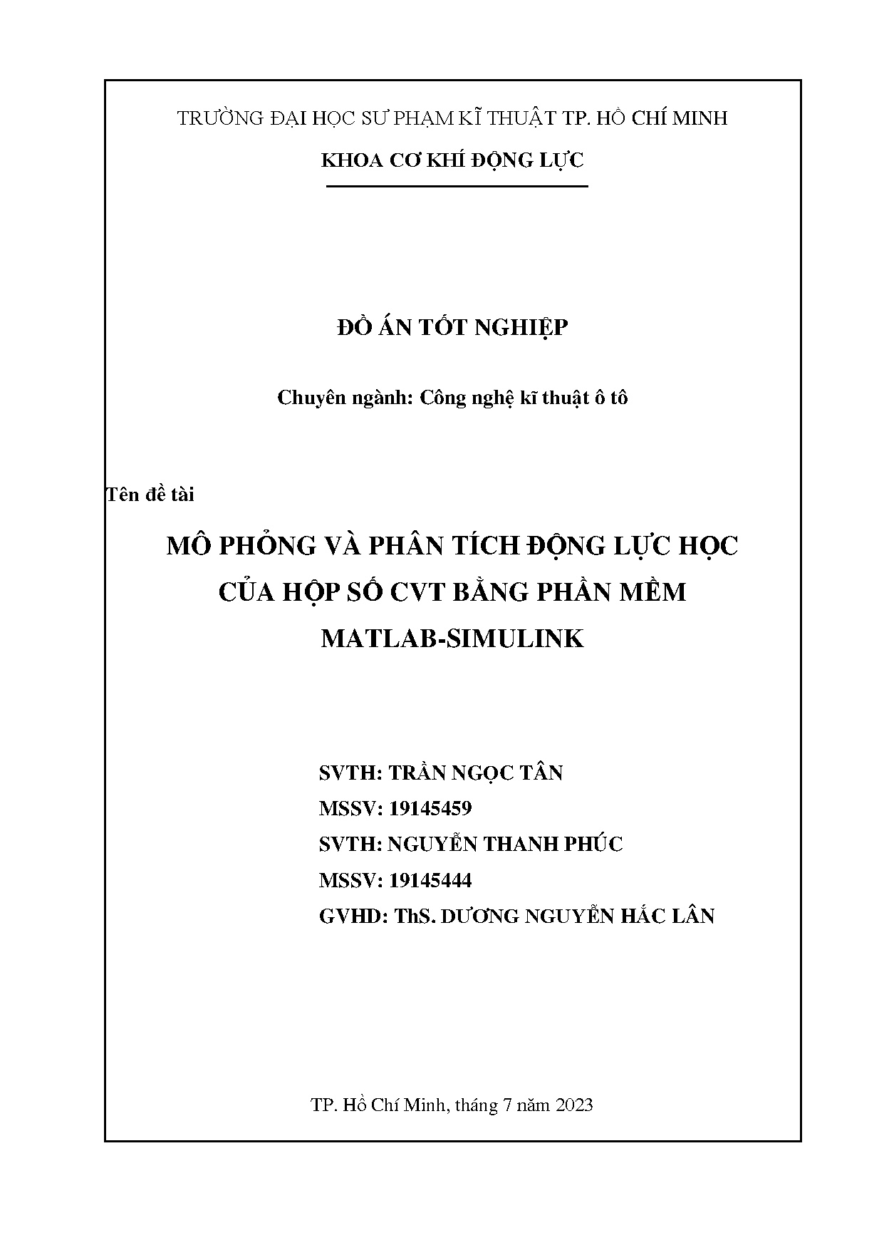 Đồ án tốt nghiệp - Mô phỏng và phân tích động lực học của hộp số CVT bằng phần mềm Matlab - Simulink