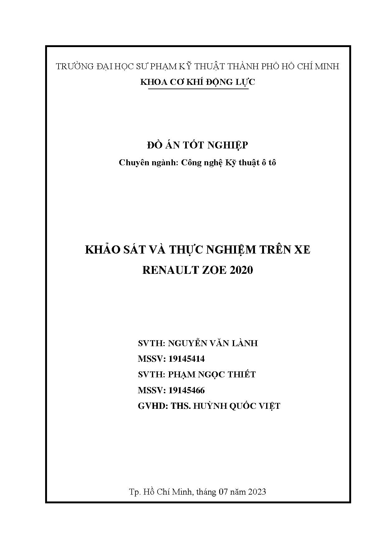 Đồ án tốt nghiệp - Khảo sát và thực nghiệm trên xe Renault Zoe 2020