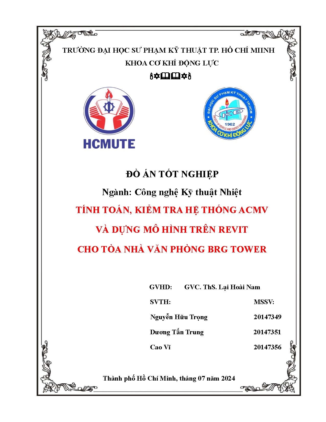 Đồ án tốt nghiệp - Tính toán, kiểm tra hệ thống ACMV và dựng mô hình trên revit cho tòa nhà văn PBT