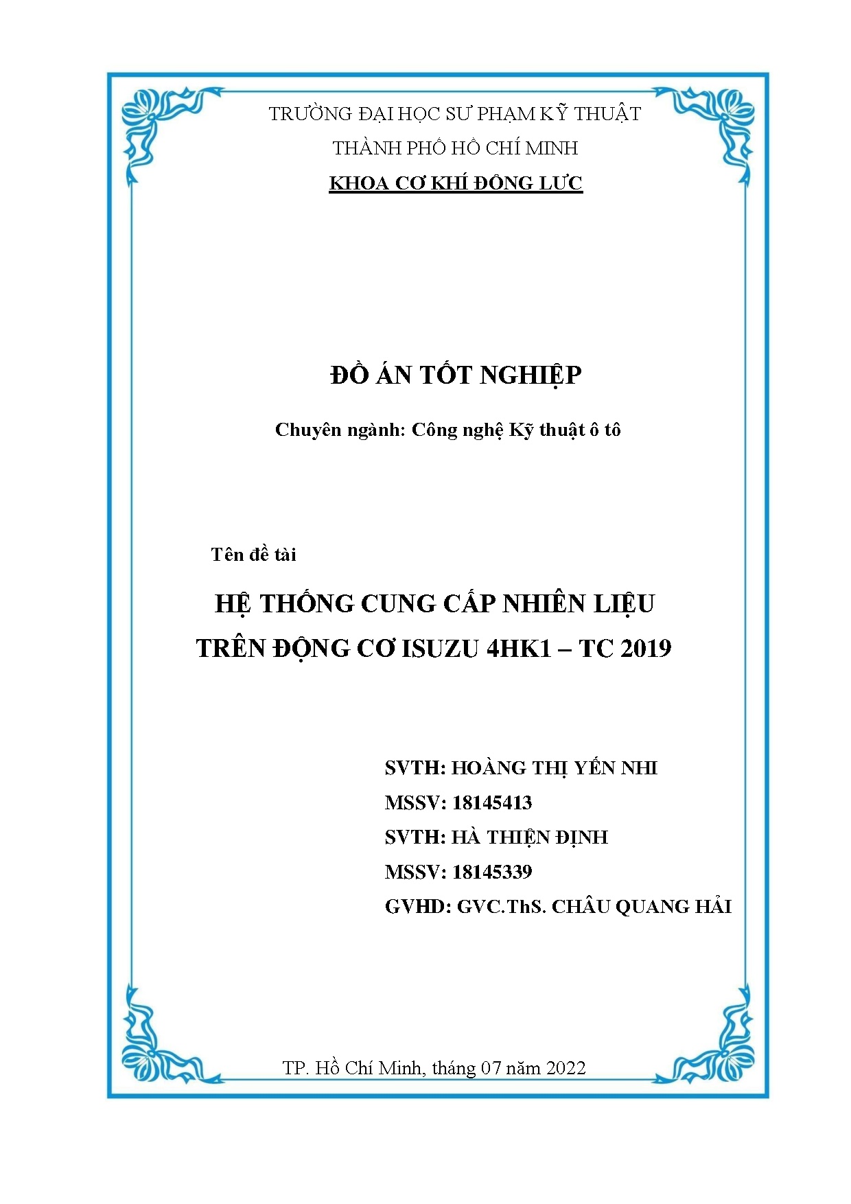 Đồ án tốt nghiệp - Hệ thống cung cấp nhiên liệu trên động cơ Isuzu 4HK1 - TC 2019