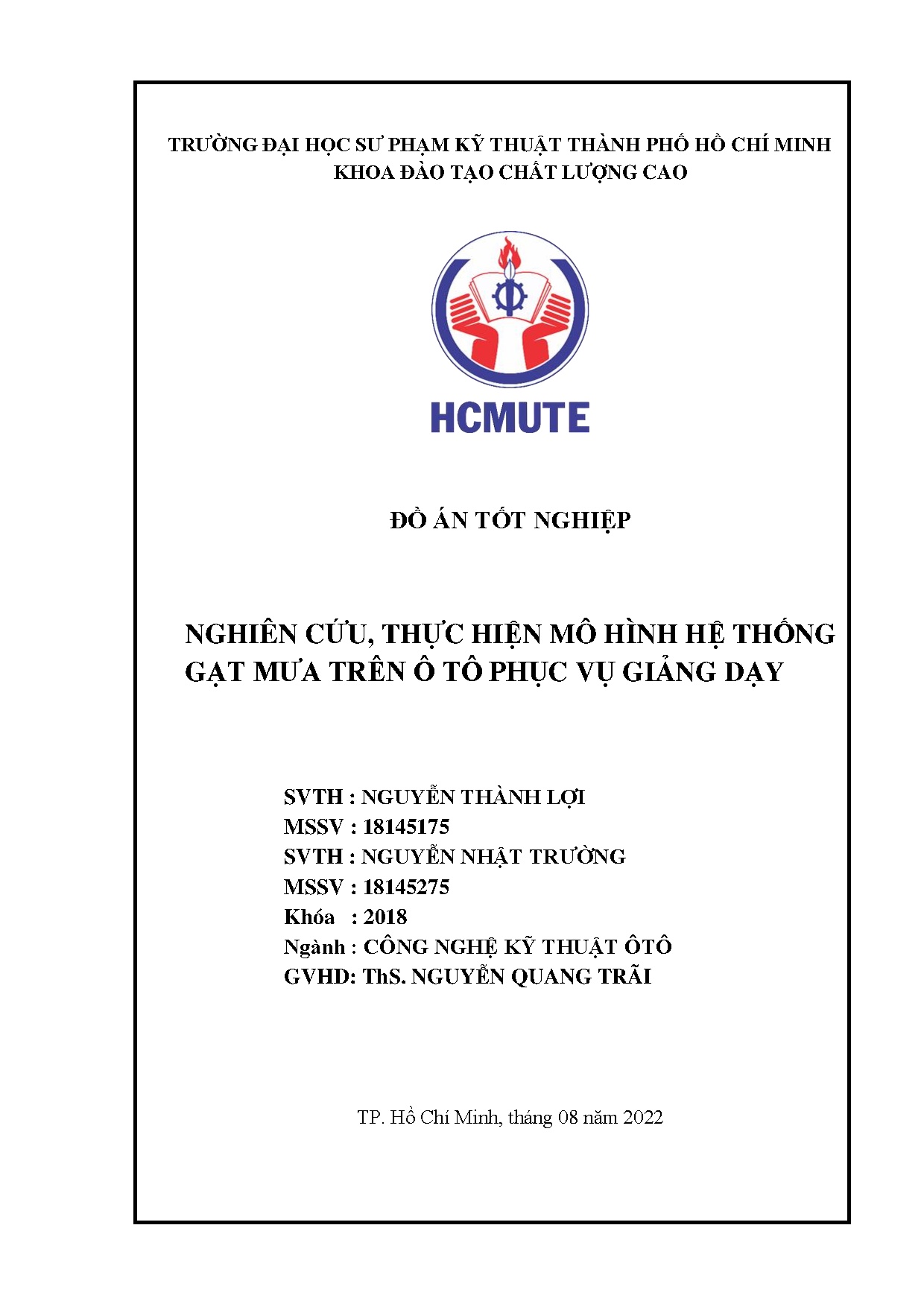 Đồ án tốt nghiệp - Nghiên cứu, thực hiện mô hình hệ thống gạt mưa trên ô tô phục vụ giảng dạy