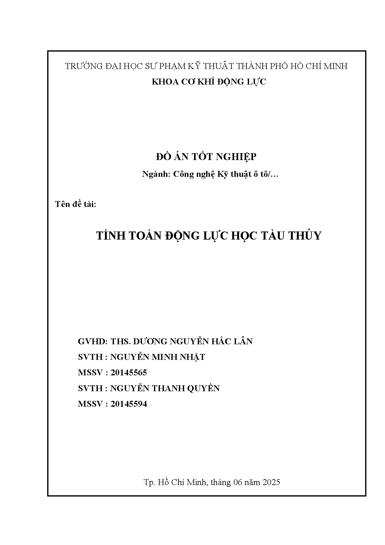 Đồ án tốt nghiệp - Tính toán động lực học tàu thủy