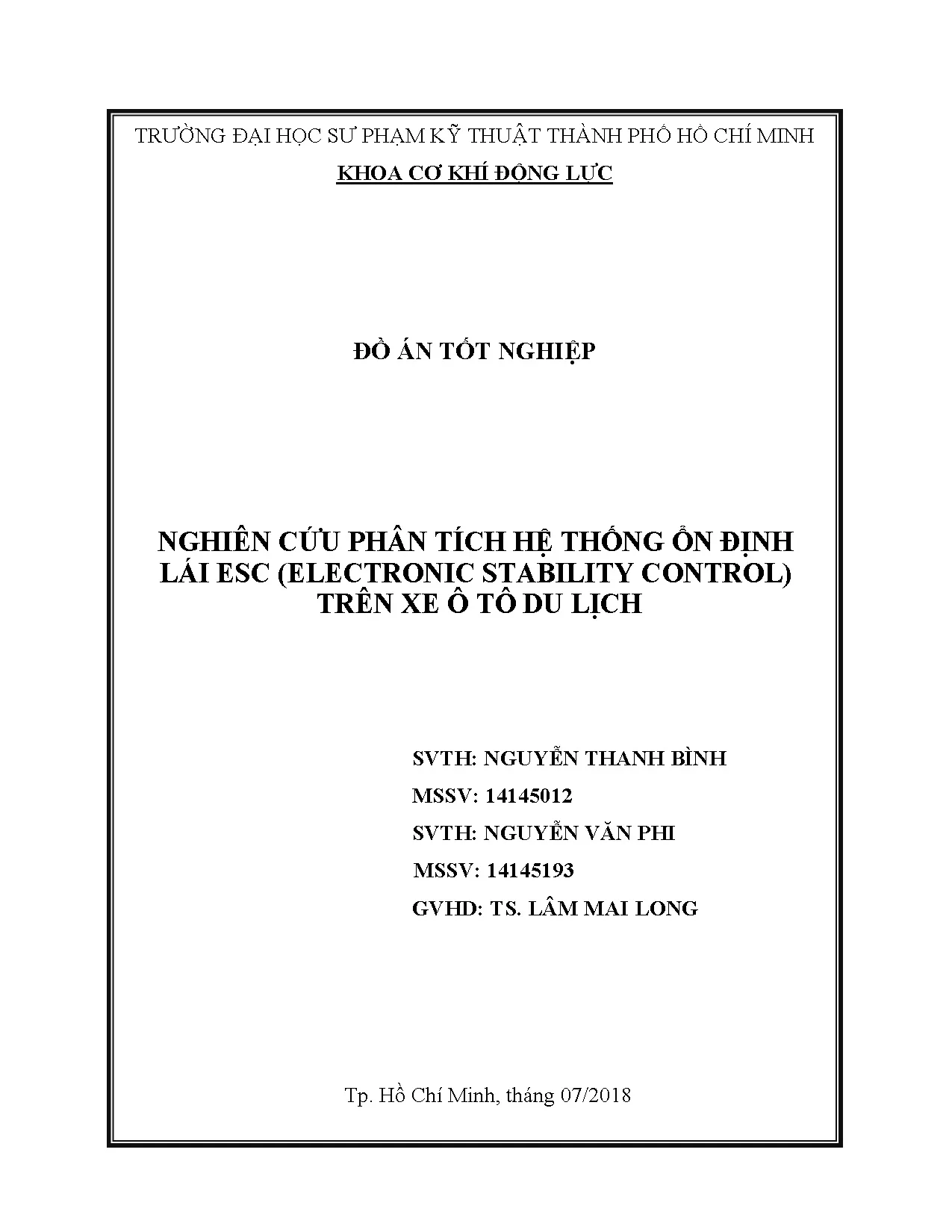 Đồ án tốt nghiệp - Nghiên cứu phân tích hệ thống ổn định lái ESC (Electronic SCTX ô TDLĐÁTNNCNKTÔT