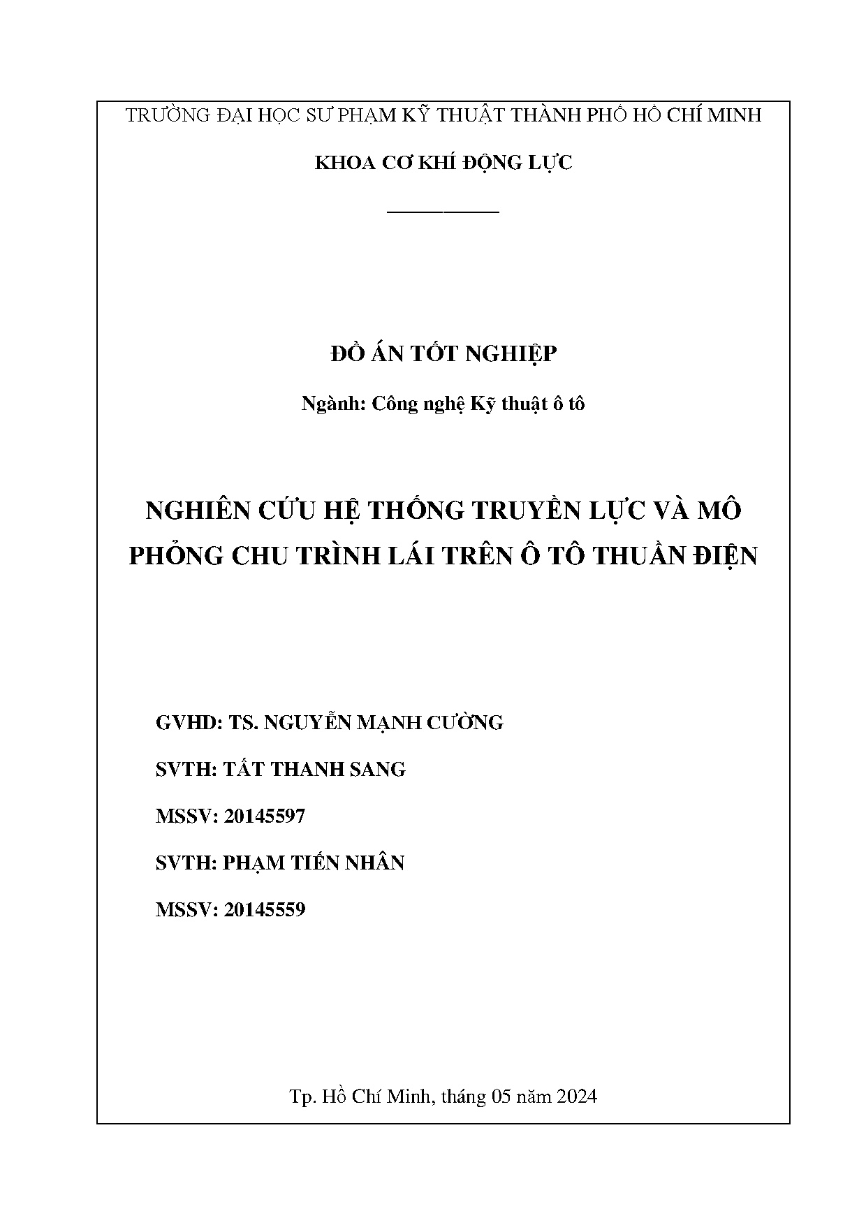 Đồ án tốt nghiệp - Nghiên cứu hệ thống truyền lực và mô phỏng chu trình lái trên ô tô thuần điệ