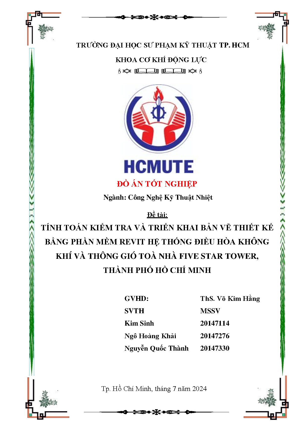 Đồ án tốt nghiệp - Tính toán kiểm tra và triển khai bản vẽ thiết kế bằng phần MRHTĐHKKVTGTNFSTTPHCM