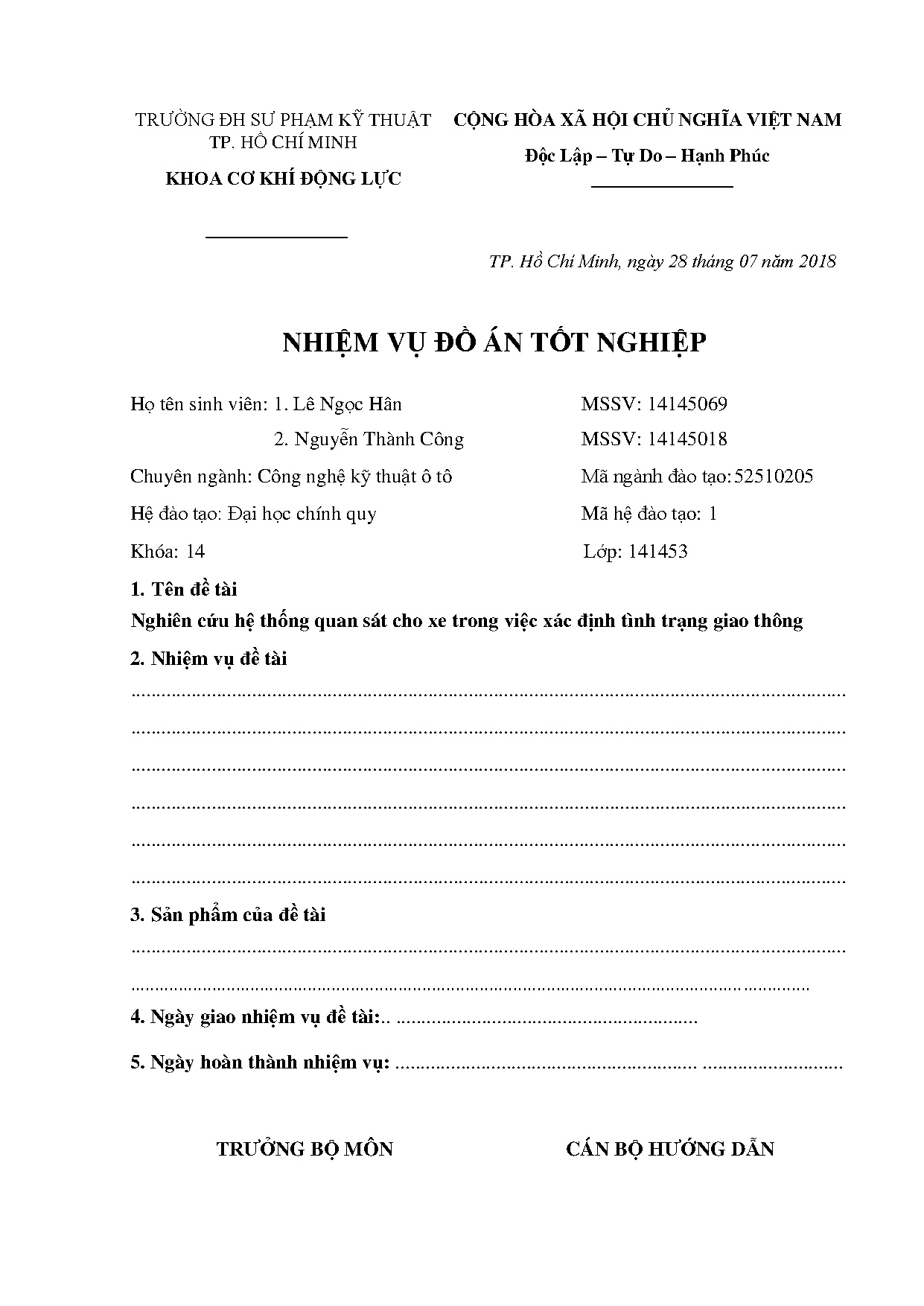 Đồ án tốt nghiệp - Nghiên cứu hệ thống quan sát cho xe trong việc xác định tình trạng GTĐÁTNNCNKTÔT
