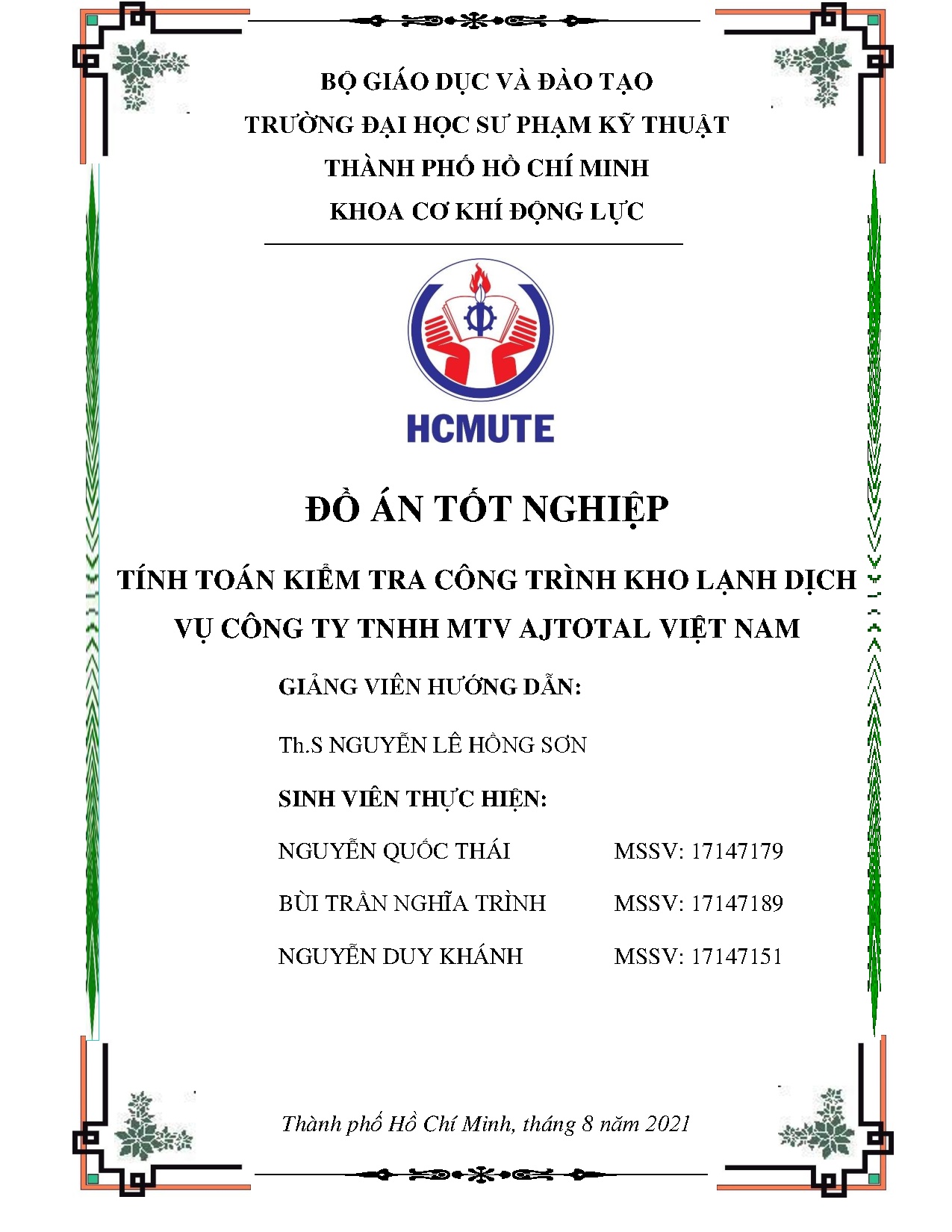 Đồ án tốt nghiệp - Tính toán kiểm tra công trình kho lạnh dịch vụ Công ty TNHH MTV Ajtotal Việt Nam