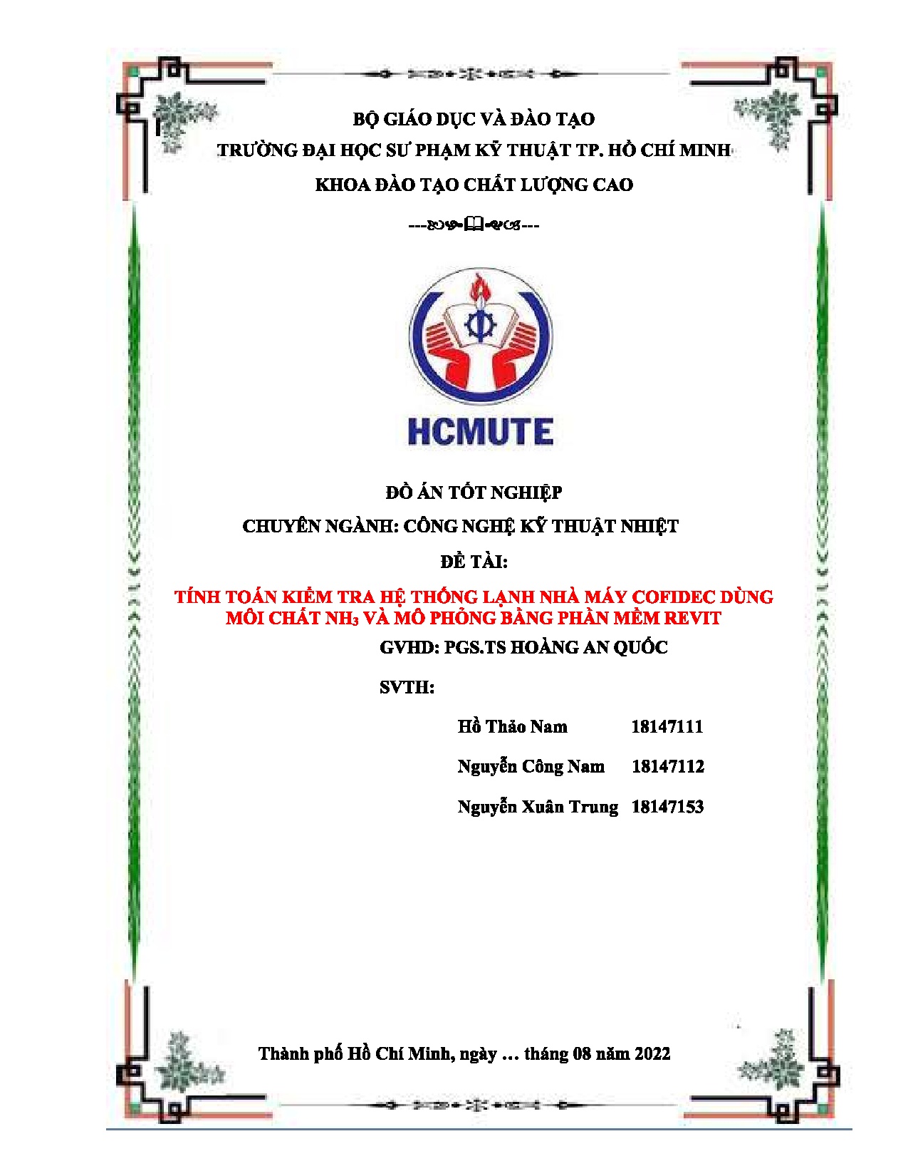 Đồ án tốt nghiệp - Tính toán kiểm tra hệ thống lạnh Nhà máy Cofidec dùng dung môi chất NH3 và MPBPMR