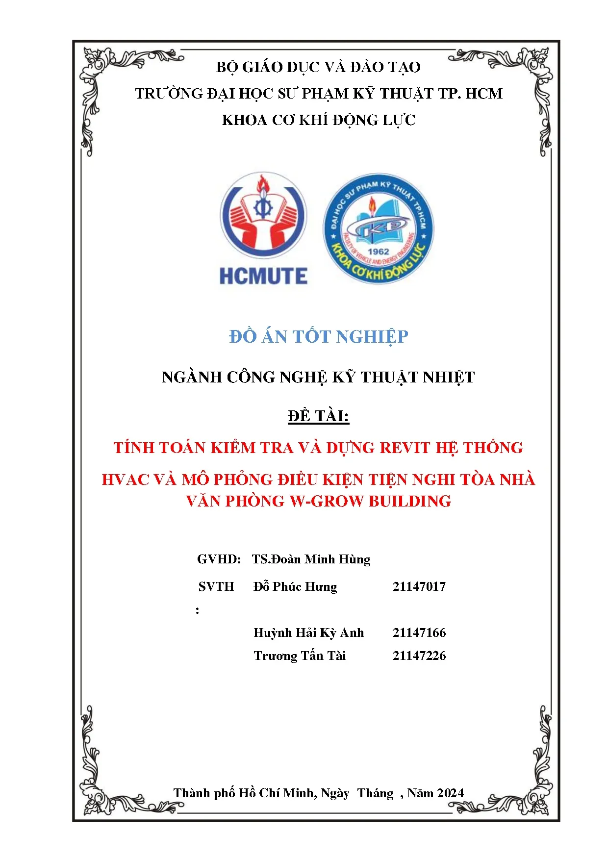 Đồ án tốt nghiệp - Tính toán kiểm tra và dựng Revit hệ thống Hvac và mô phỏng điều kiện tiện NTNVPWB