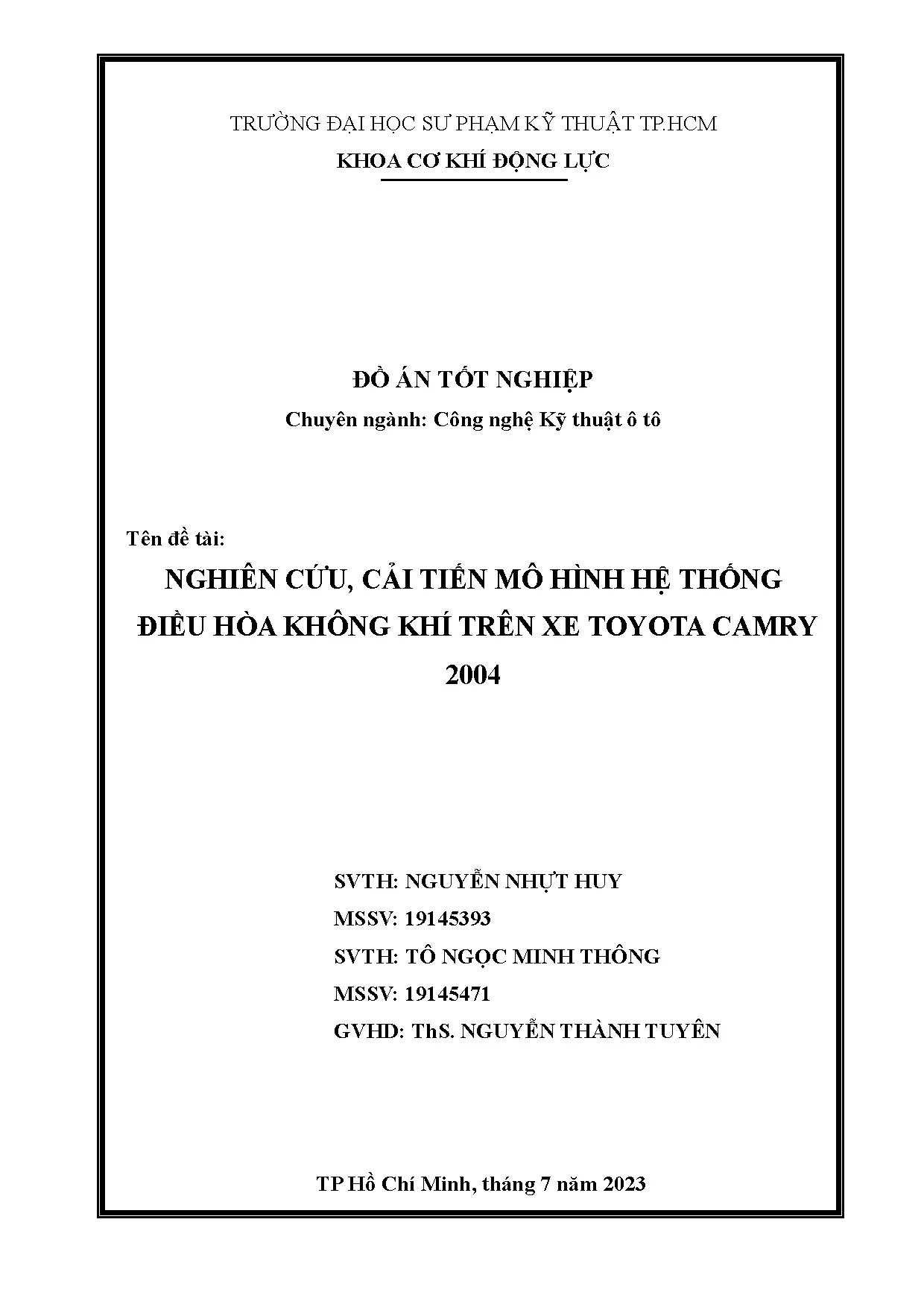 Đồ án tốt nghiệp - Nghiên cứu, cải tiến mô hình hệ thống điều hòa không khí trên xe Toyota Camry 2