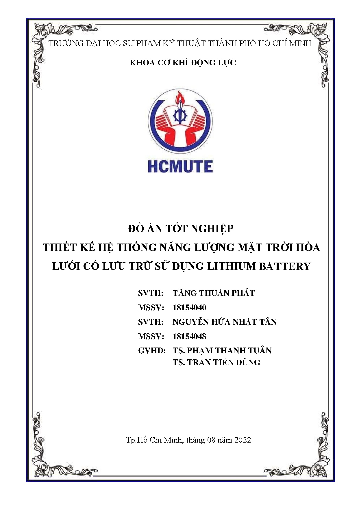 Đồ án tốt nghiệp - Thiết kế hệ thống năng lượng mặt trời hòa lưới có lưu trữ sử dụng lithium battery