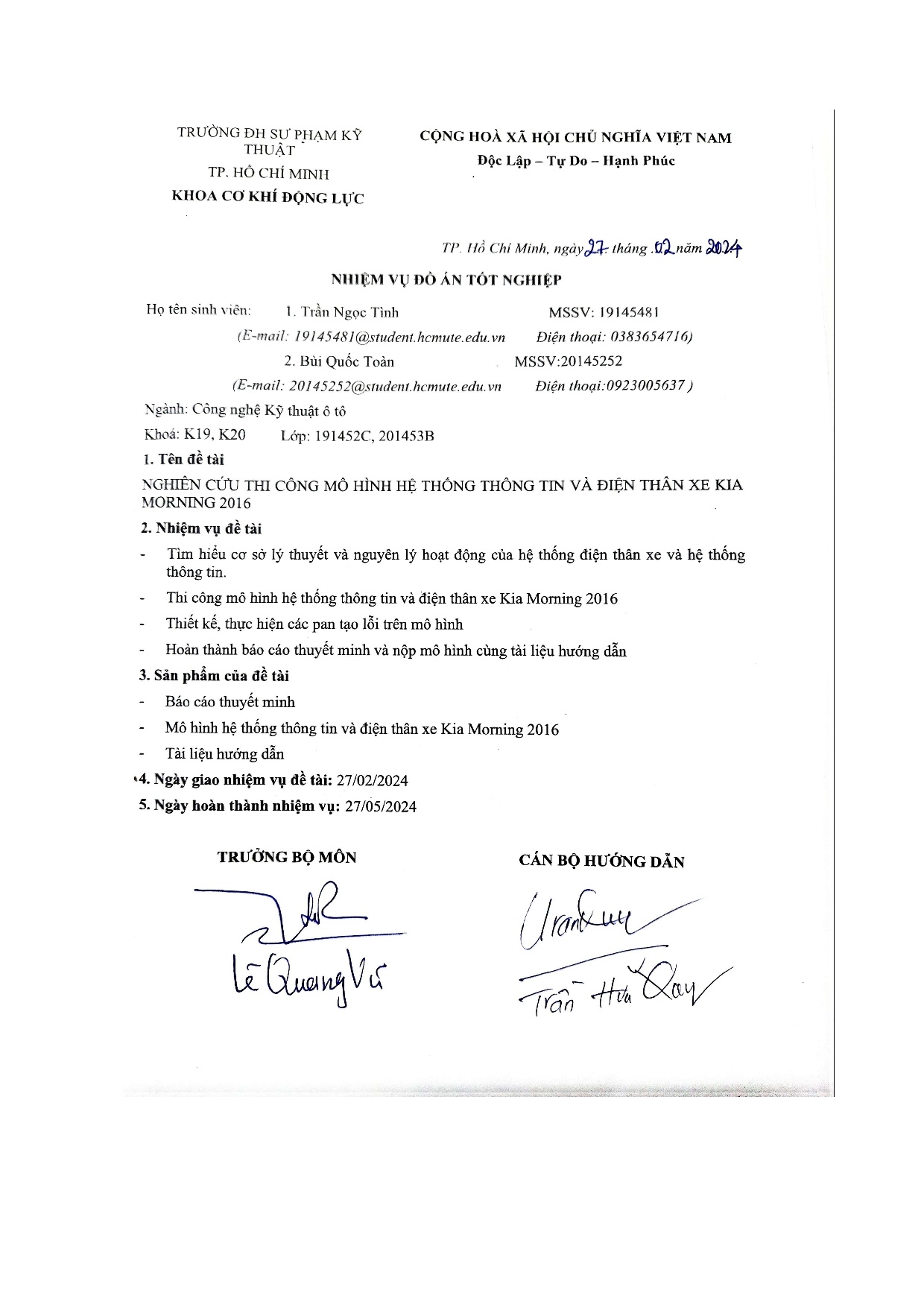 Đồ án tốt nghiệp - Nghiên cứu thi công mô hình hệ thống thông tin và điện thân xe Kia Morning 2016