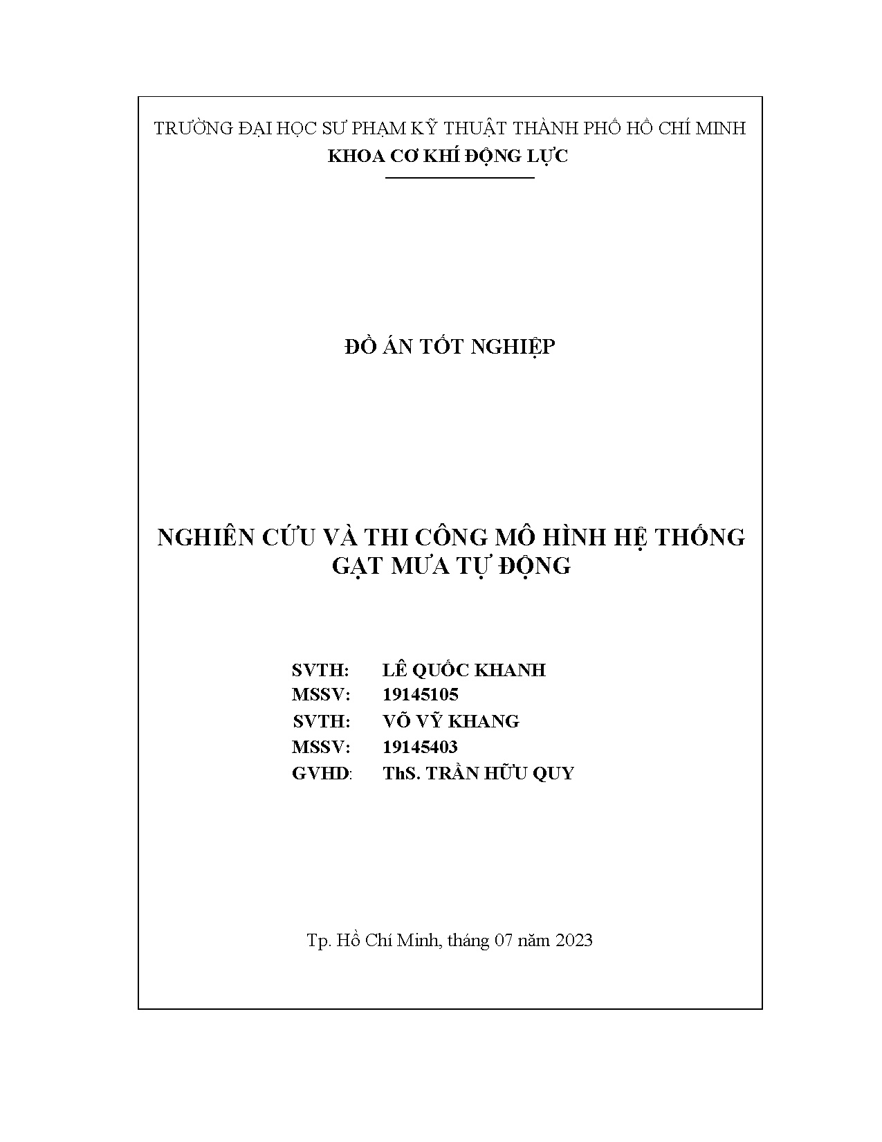 Đồ án tốt nghiệp - Nghiên cứu và thi công mô hình hệ thống gạt mưa tự động
