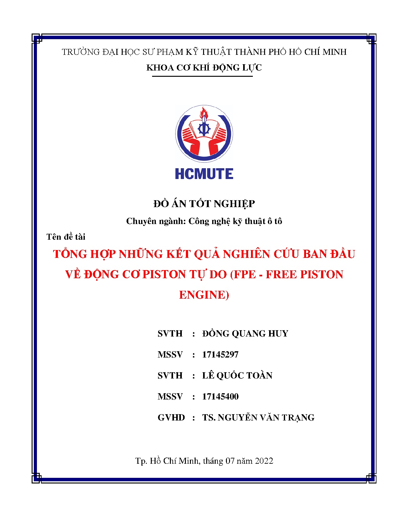 Đồ án tốt nghiệp - Tổng hợp những kết quả nghiên cứu ban đầu về động cơ Piston tự do (FPE - Free PE