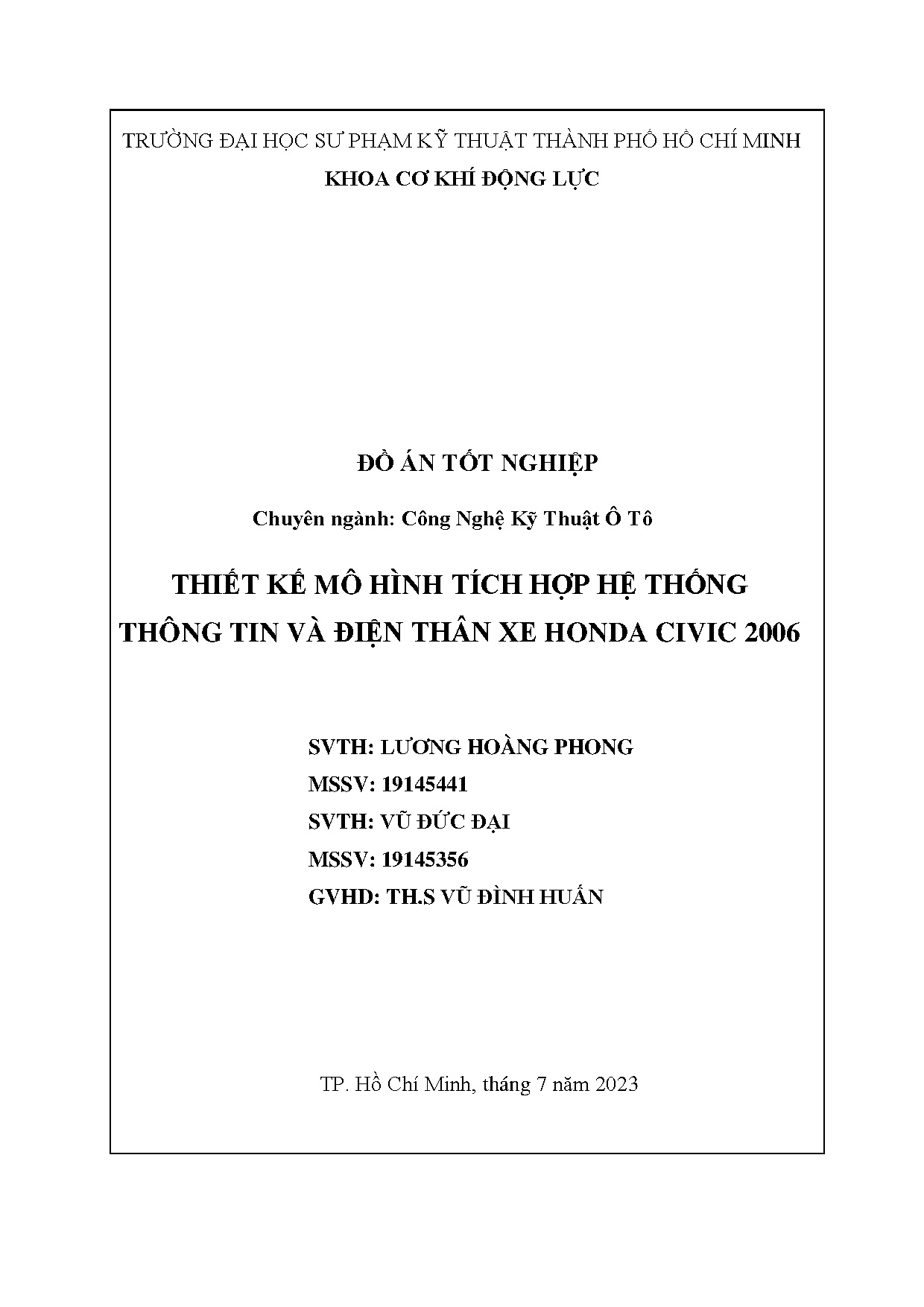 Đồ án tốt nghiệp - Thiết kế mô hình tích hợp hệ thống thông tin và điện thân xe Honda Civic 2006