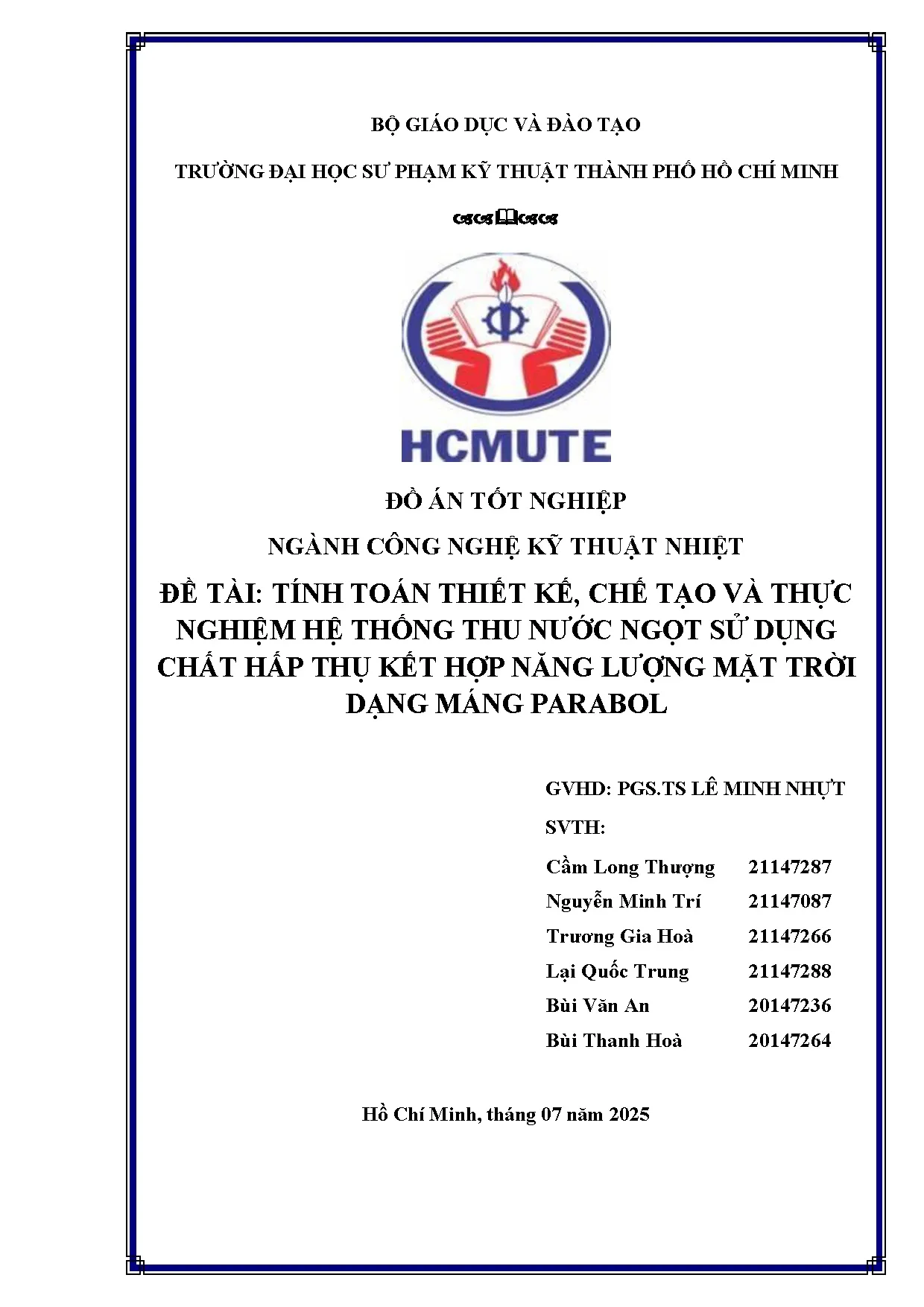 Đồ án tốt nghiệp - Tính toán thiết kế, chế tạo và thực nghiệm hệ thống thu nước ngọt SDCHTKHNLMTDMP