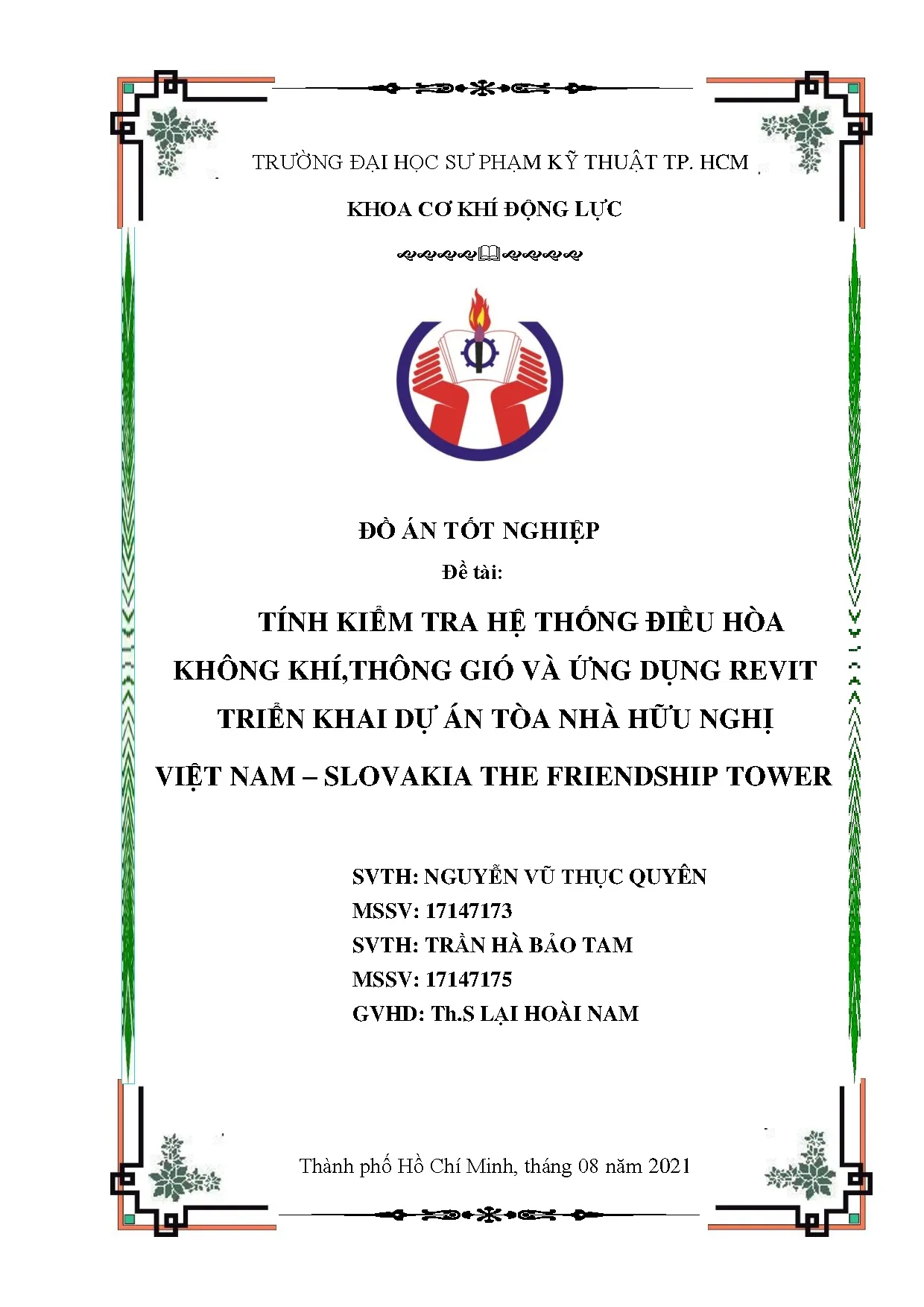 Đồ án tốt nghiệp - Tính toán kiểm tra hệ thống điều hòa không khí, TGVỨDRTKDÁTNHNVN - STFTĐÁTNNCNKTN