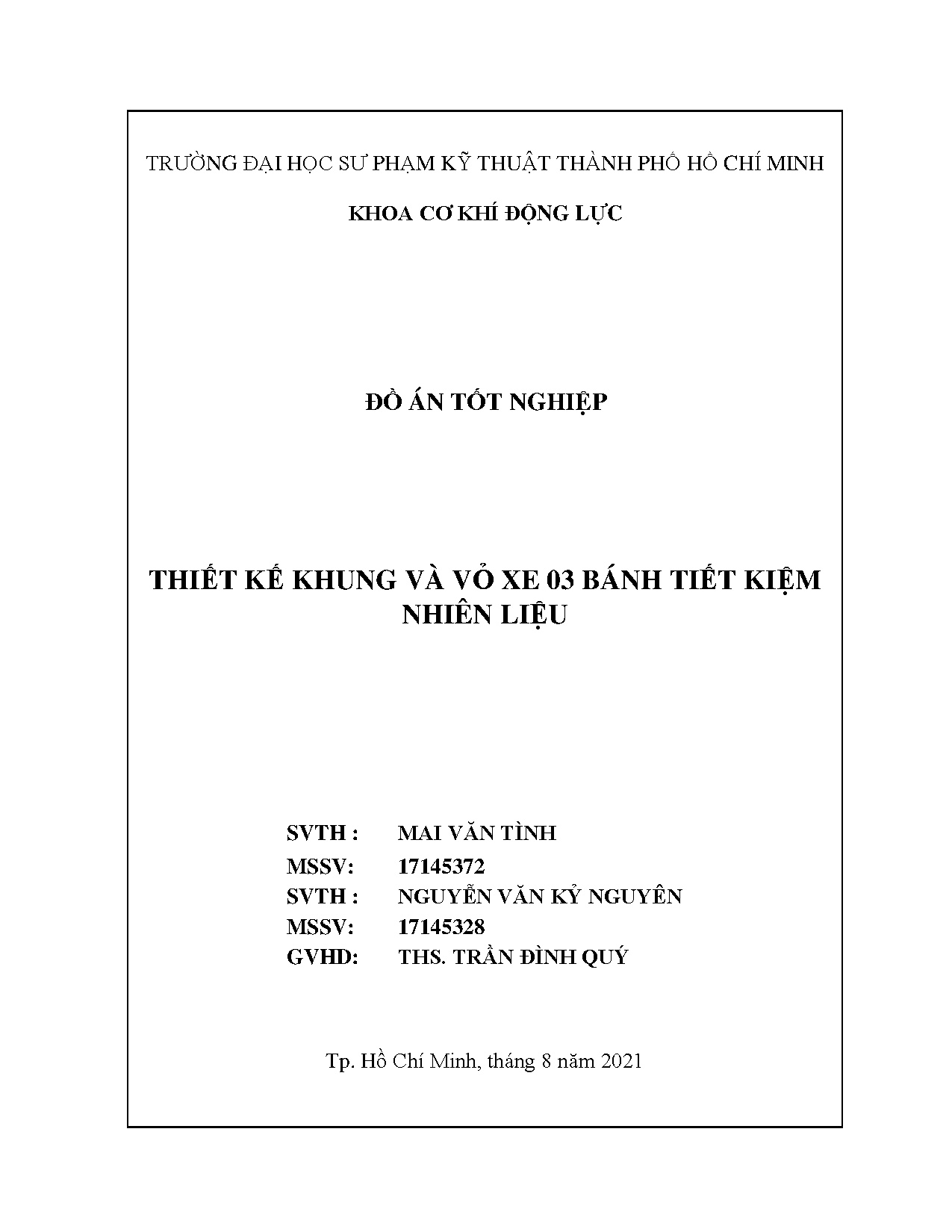 Đồ án tốt nghiệp - Thiết kế khung và vỏ xe 03 bánh tiết kiệm nhiên liệu