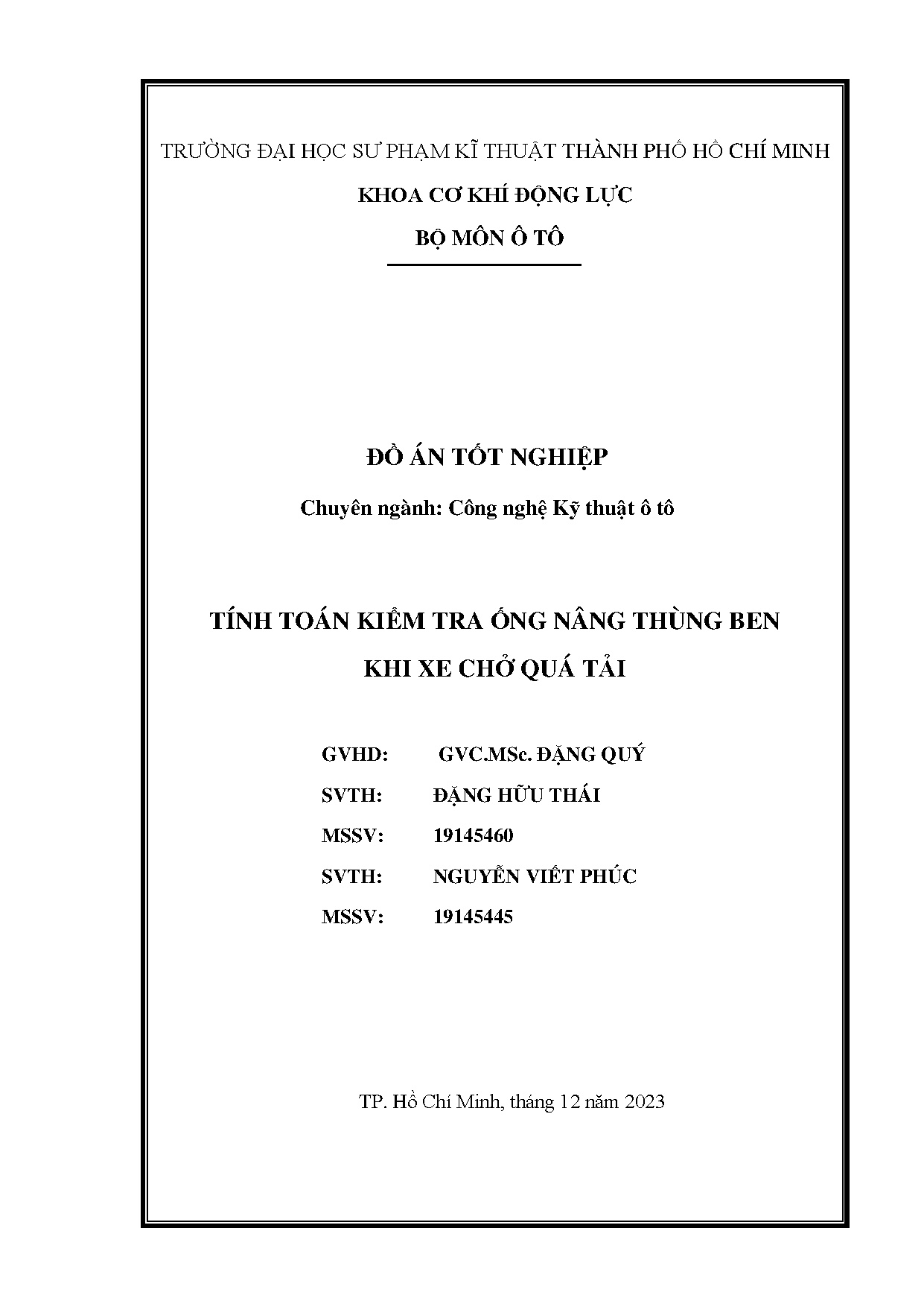Đồ án tốt nghiệp - Tính toán kiểm tra ống nâng thùng ben khi xe chở quá tải