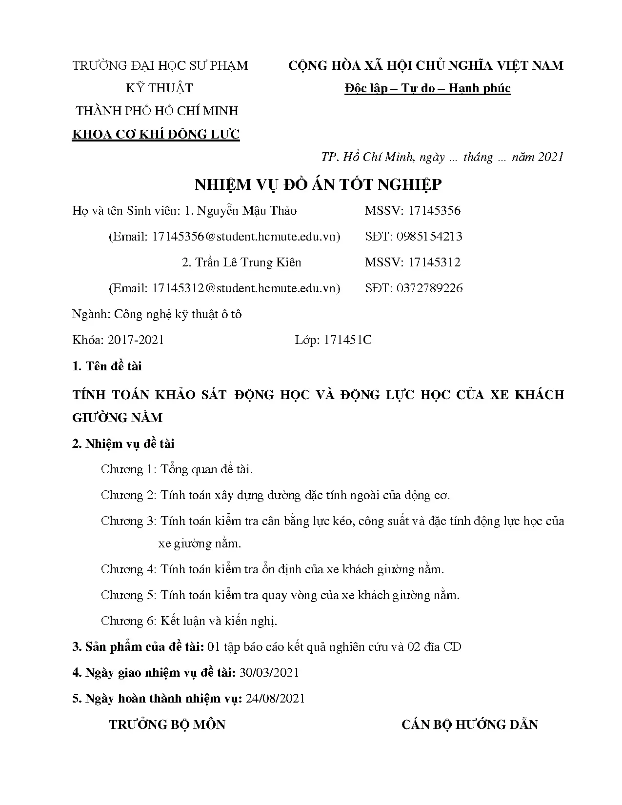 Đồ án tốt nghiệp - Tính toán khảo sát động học và động lực học của xe khách giường nằm: ĐÁTNNCNKTÔT