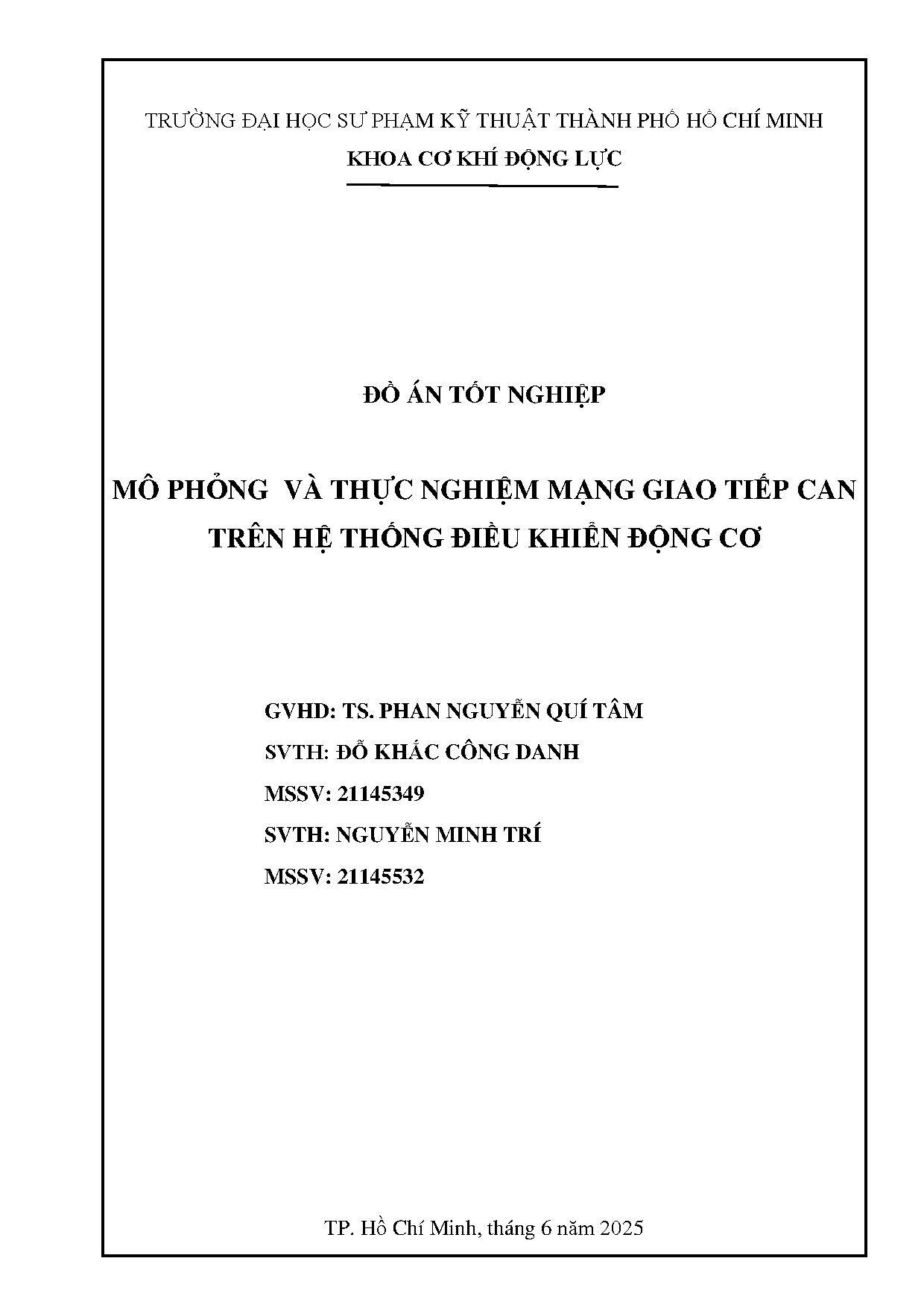 Đồ án tốt nghiệp - Mô phỏng và thực nghiệm mạng giao tiếp CAN trên hệ thống điều khiển động cơ
