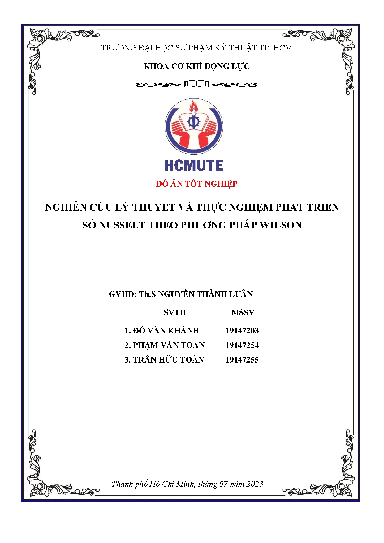 Đồ án tốt nghiệp - Nghiên cứu lý thuyết và thực nghiệm phát triển số nusselt theo phương pháp Wilson