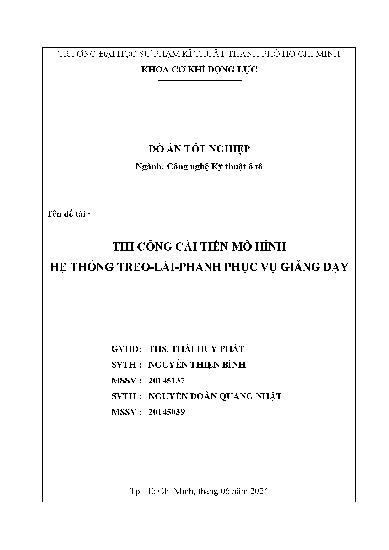 Đồ án tốt nghiệp - Thi công cải tiến mô hình hệ thống treo - lái - phanh phục vụ giảng dạy