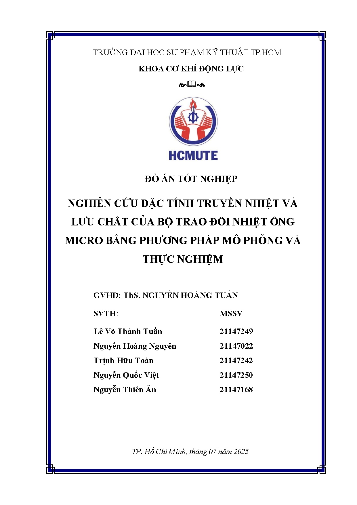 Đồ án tốt nghiệp - Nghiên cứu đặc tính truyền nhiệt và lưu chất của bộ trao đổi nhiệt ống MBPPMPVTN