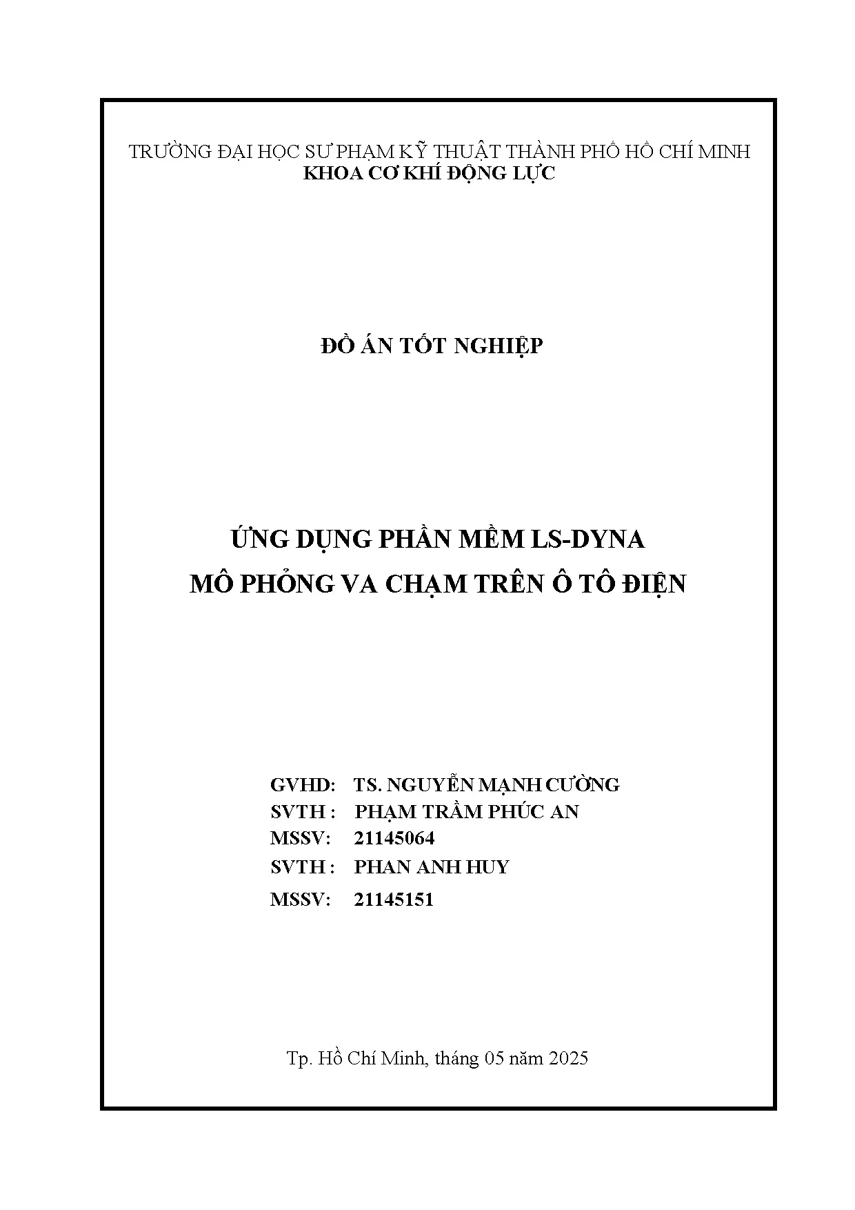Đồ án tốt nghiệp - Ứng dụng phần mềm LS-DYNA mô phỏng va chạm trên ô tô điện