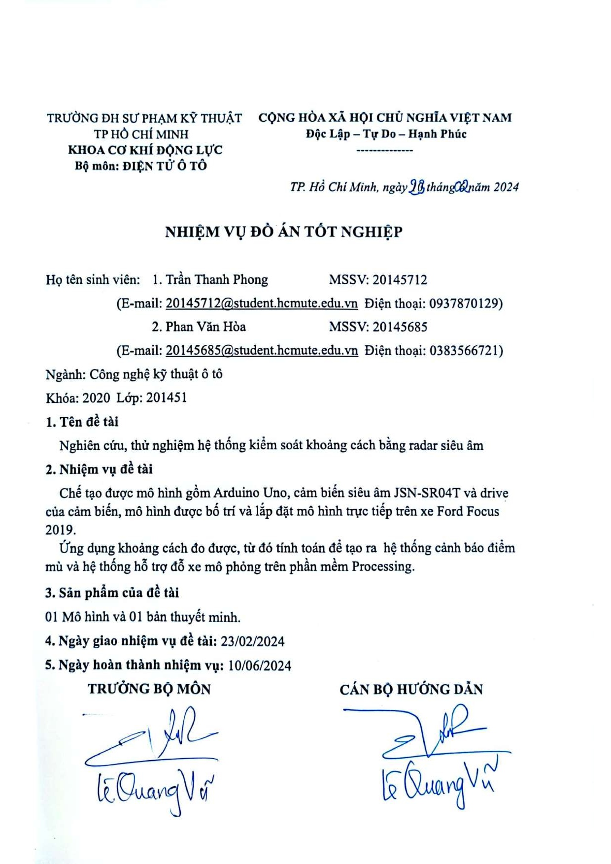 Đồ án tốt nghiệp - Nghiên cứu, thử nghiệm hệ thống kiểm soát khoảng cách bằng cảm biến siêu âm