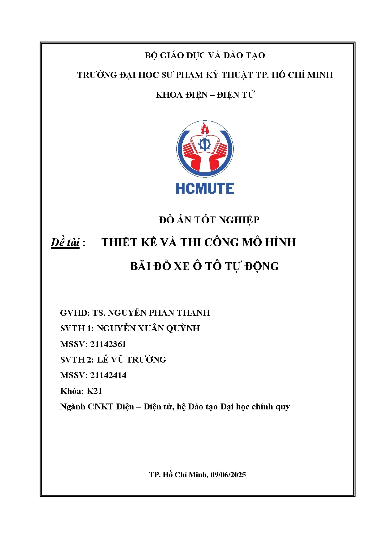 Đồ án tốt nghiệp - Thiết kế và thi công mô hình bãi đỗ xe ô tô tự động
