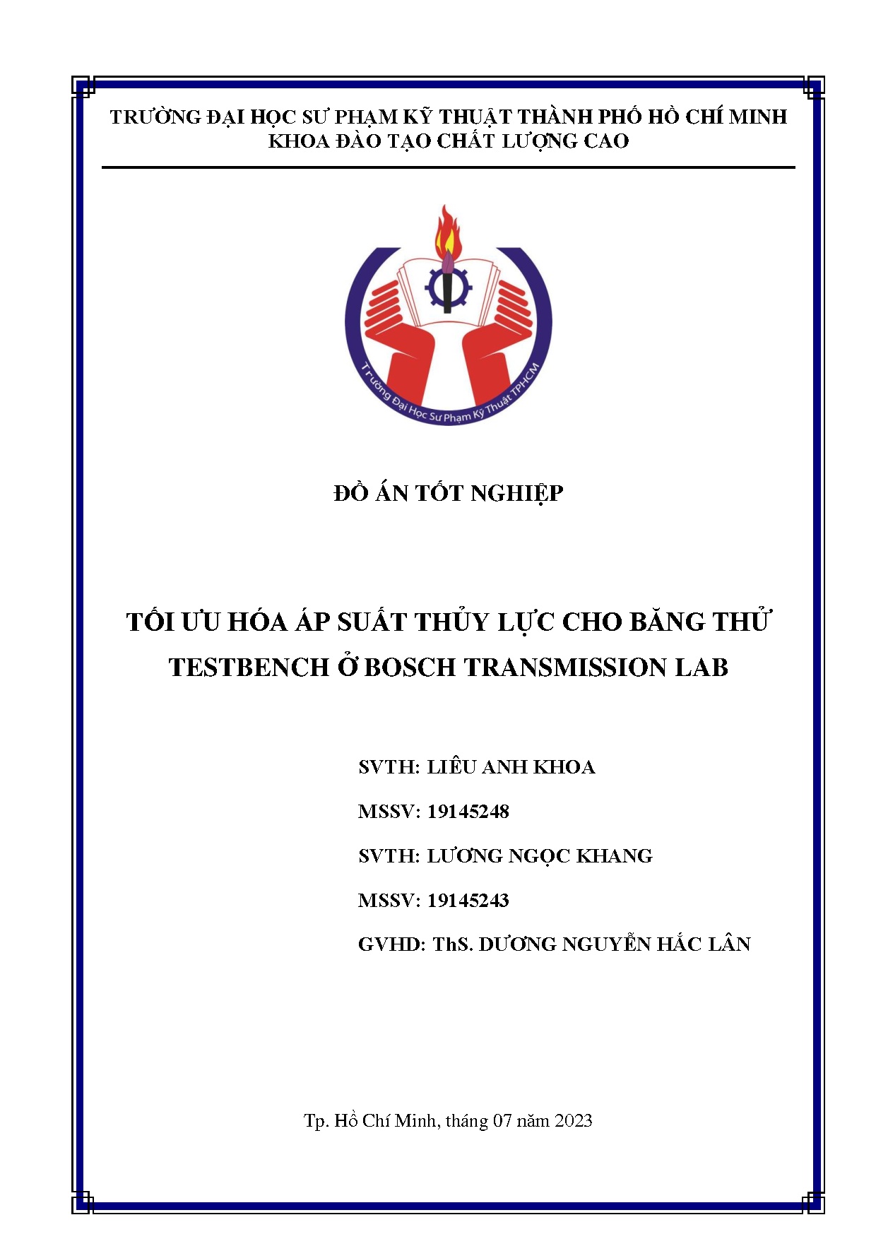 Đồ án tốt nghiệp - Tối ưu hóa áp suất thủy lực cho băng thử Testbench ở Bosch Transmission Lab