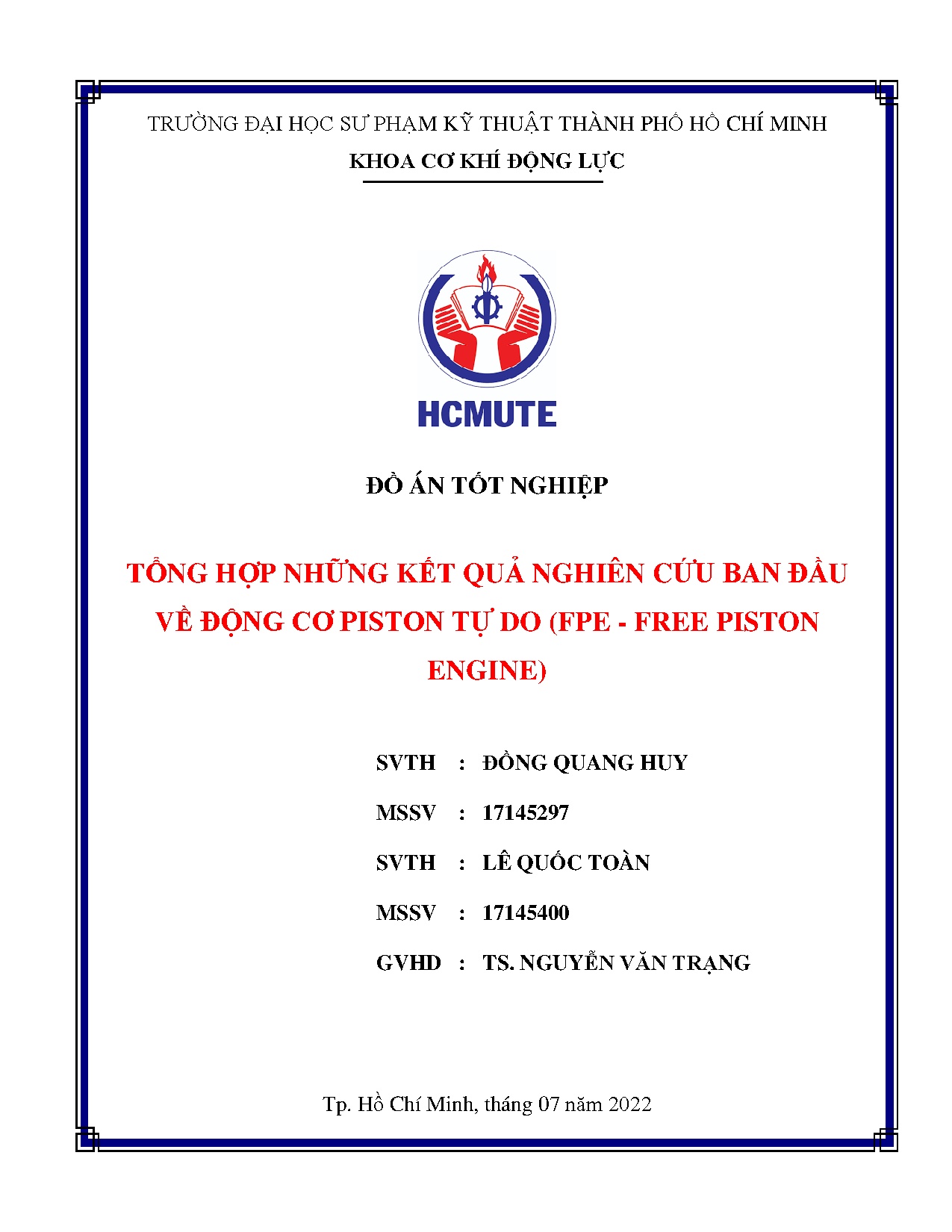 Đồ án tốt nghiệp - Tổng hợp những kết quả nghiên cứu ban đầu về động cơ Piston tự do (FPE - Free PE