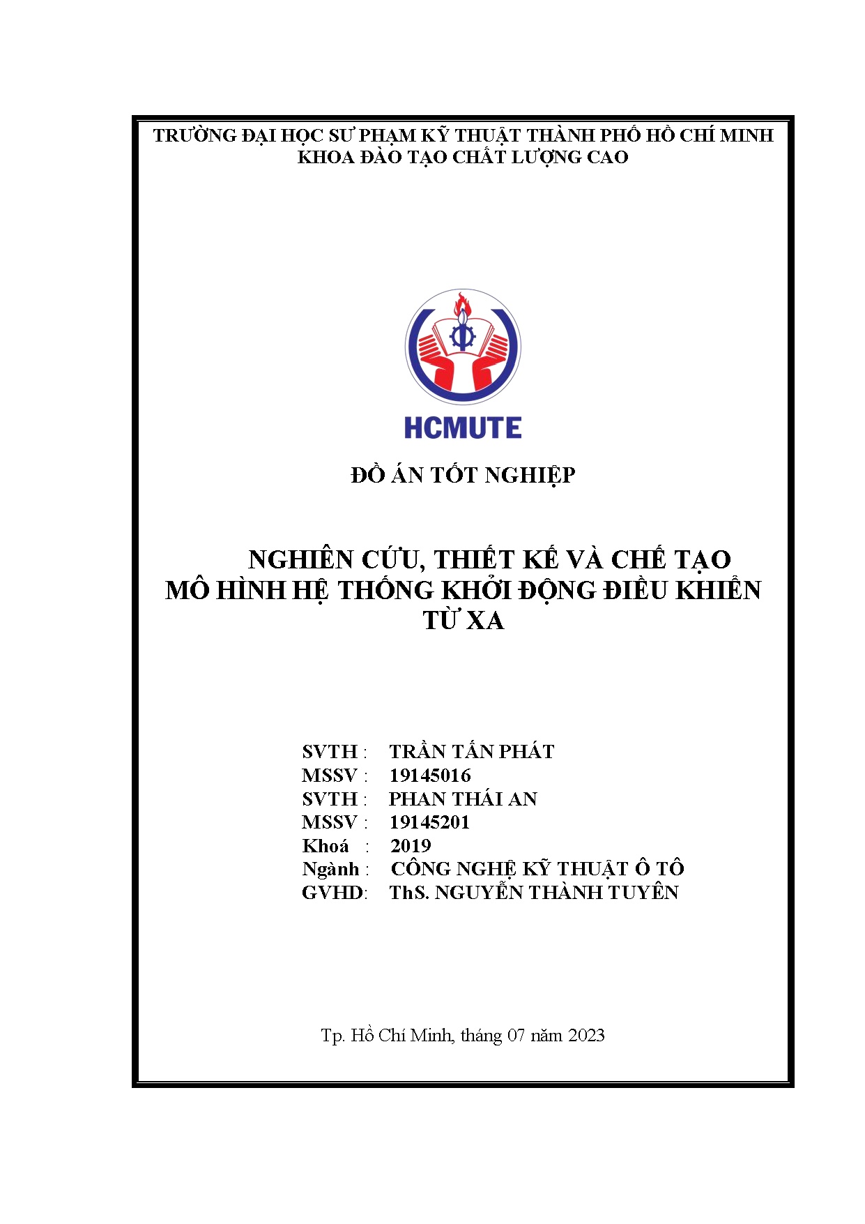 Đồ án tốt nghiệp - Nghiên cứu, thiết kế và chế tạo mô hình hệ thống khởi động điều khiển từ xa