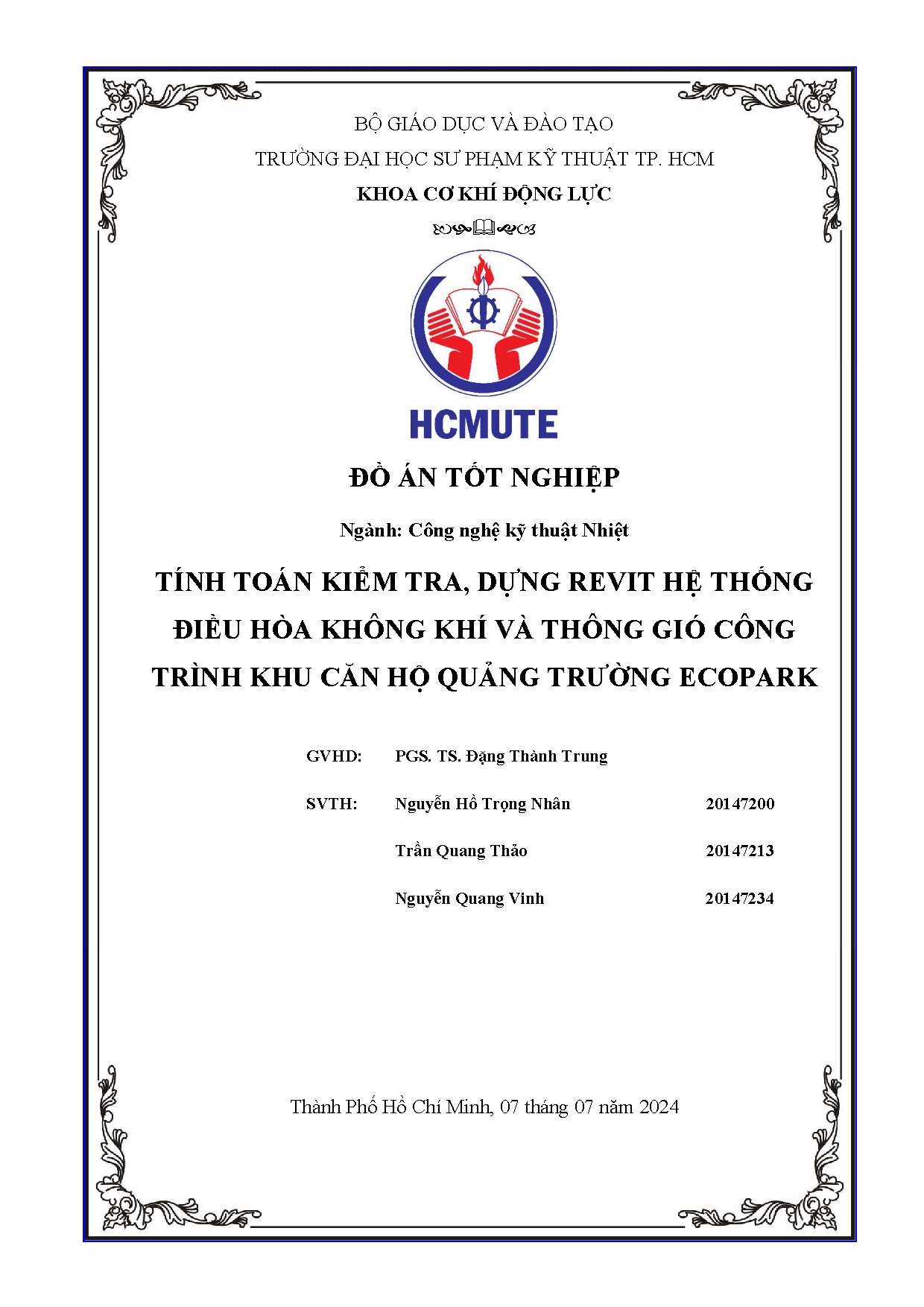 Đồ án tốt nghiệp - Tính toán kiểm tra, dựng revit hệ thống điều hòa không khí và thông gió CTKCHQTE