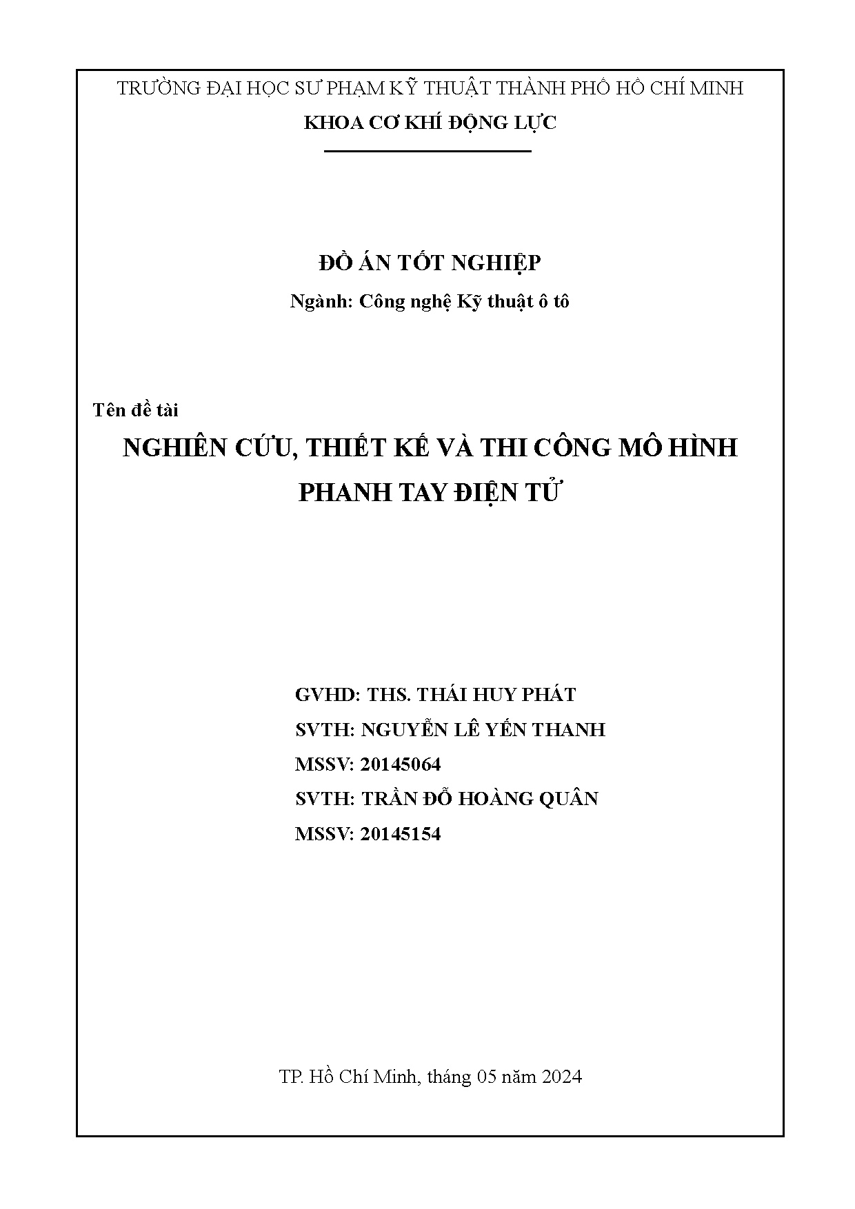 Đồ án tốt nghiệp - Nghiên cứu, thiết kế và thi công mô hình phanh tay điện t