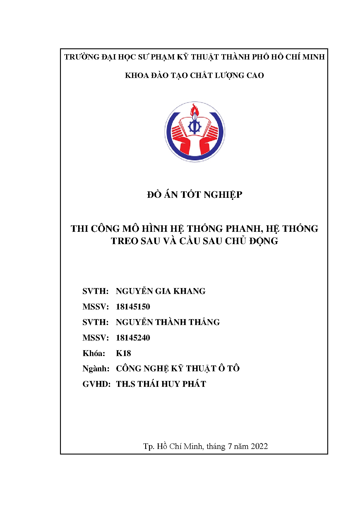 Đồ án tốt nghiệp - Thi công mô hình hệ thống phanh, hệ thống treo sau và cầu sau chủ động