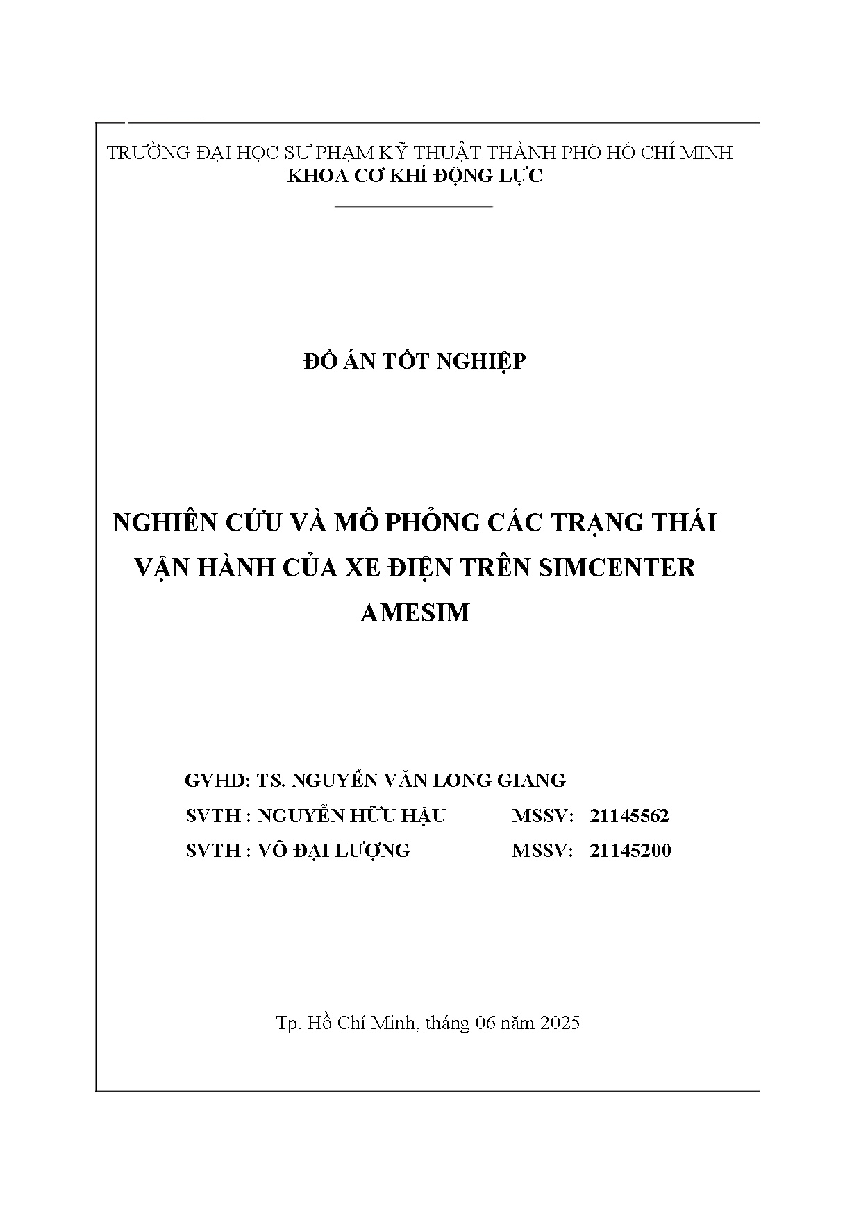 Đồ án tốt nghiệp - Nghiên cứu và mô phỏng các trạng thái vận hành của xe điện trên Simcenter Amesim