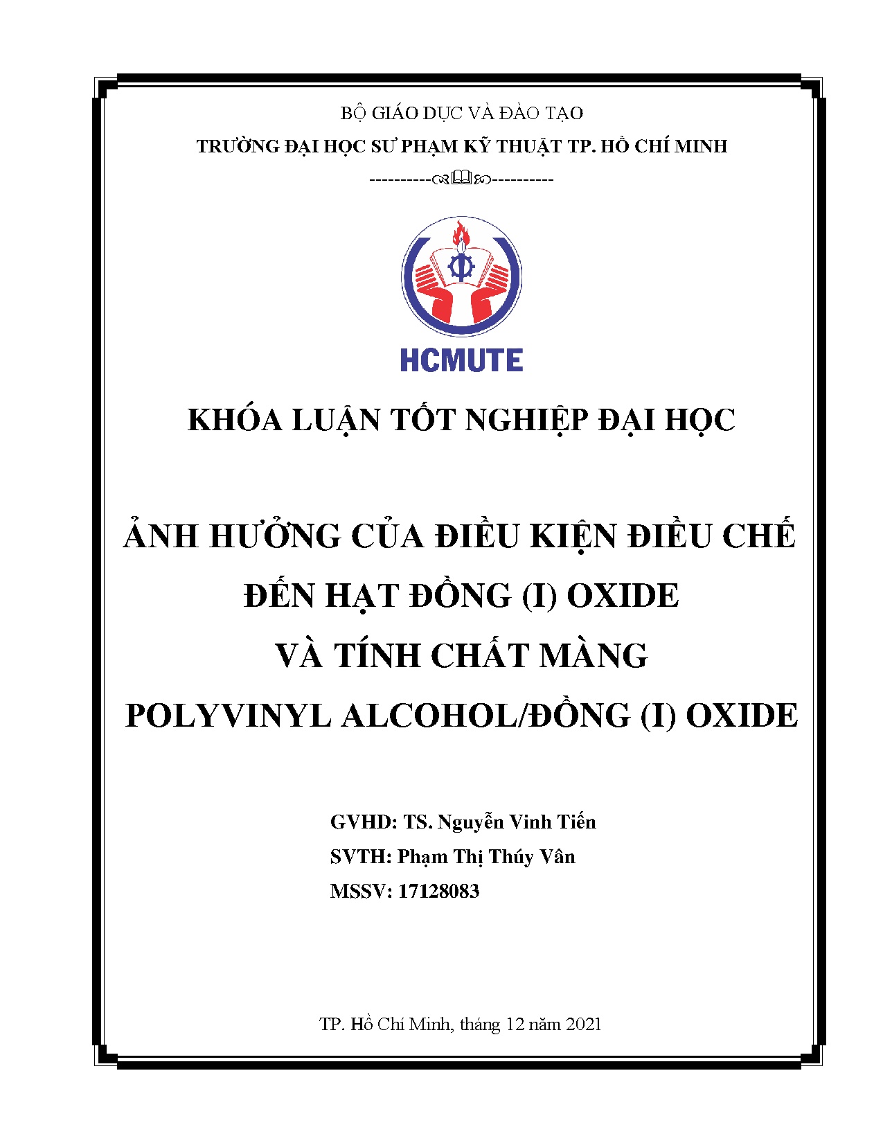Đồ án tốt nghiệp - Ảnh hưởng của điều kiện điều chế đến hạt đồng (I) oxide và tính chất màng PA ( O