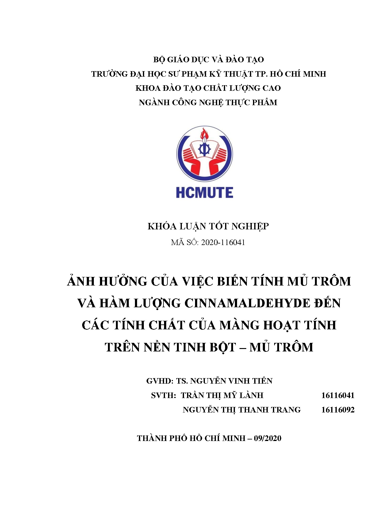 Đồ án tốt nghiệp - Ảnh hưởng của việc biến tính mủ trôm và hàm lượng Cinnamaldehyde đến CTCCMHTTN .