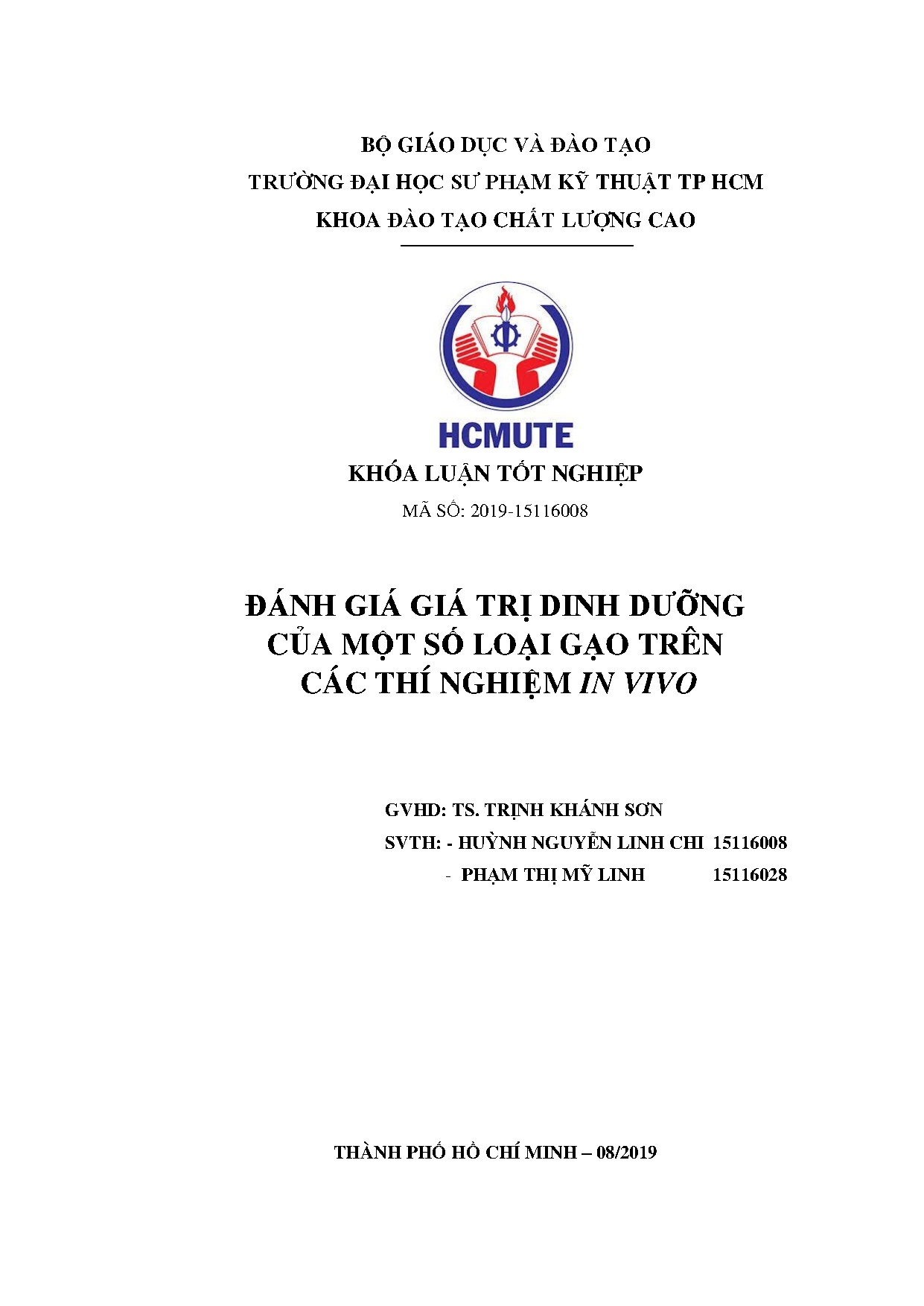 Đồ án tốt nghiệp - Đánh giá giá trị dinh dưỡng của một số loại gạo trên các thí nghiệm IN VIVO