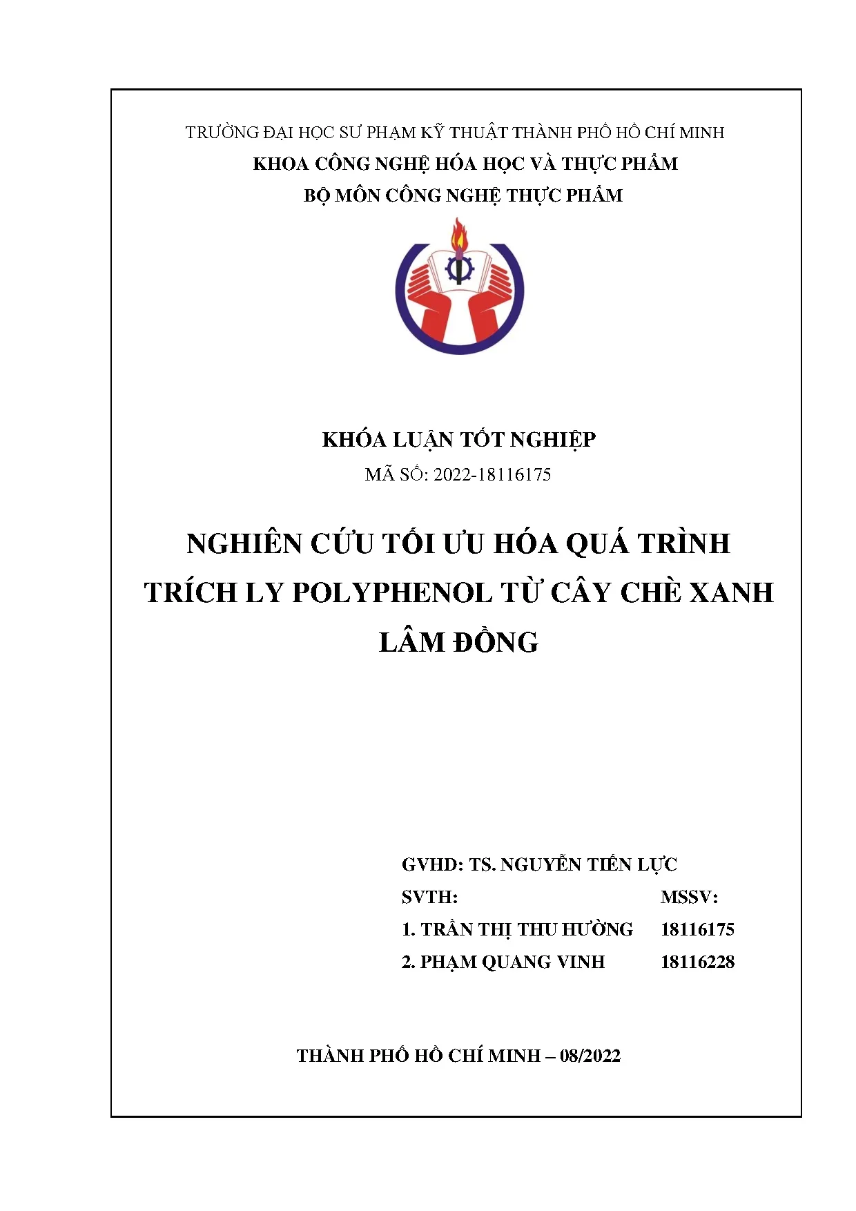 Đồ án tốt nghiệp - Nghiên cứu tối ưu hóa quá trình trích ly Polyphenol từ cây chè xanh Lâm Đồng